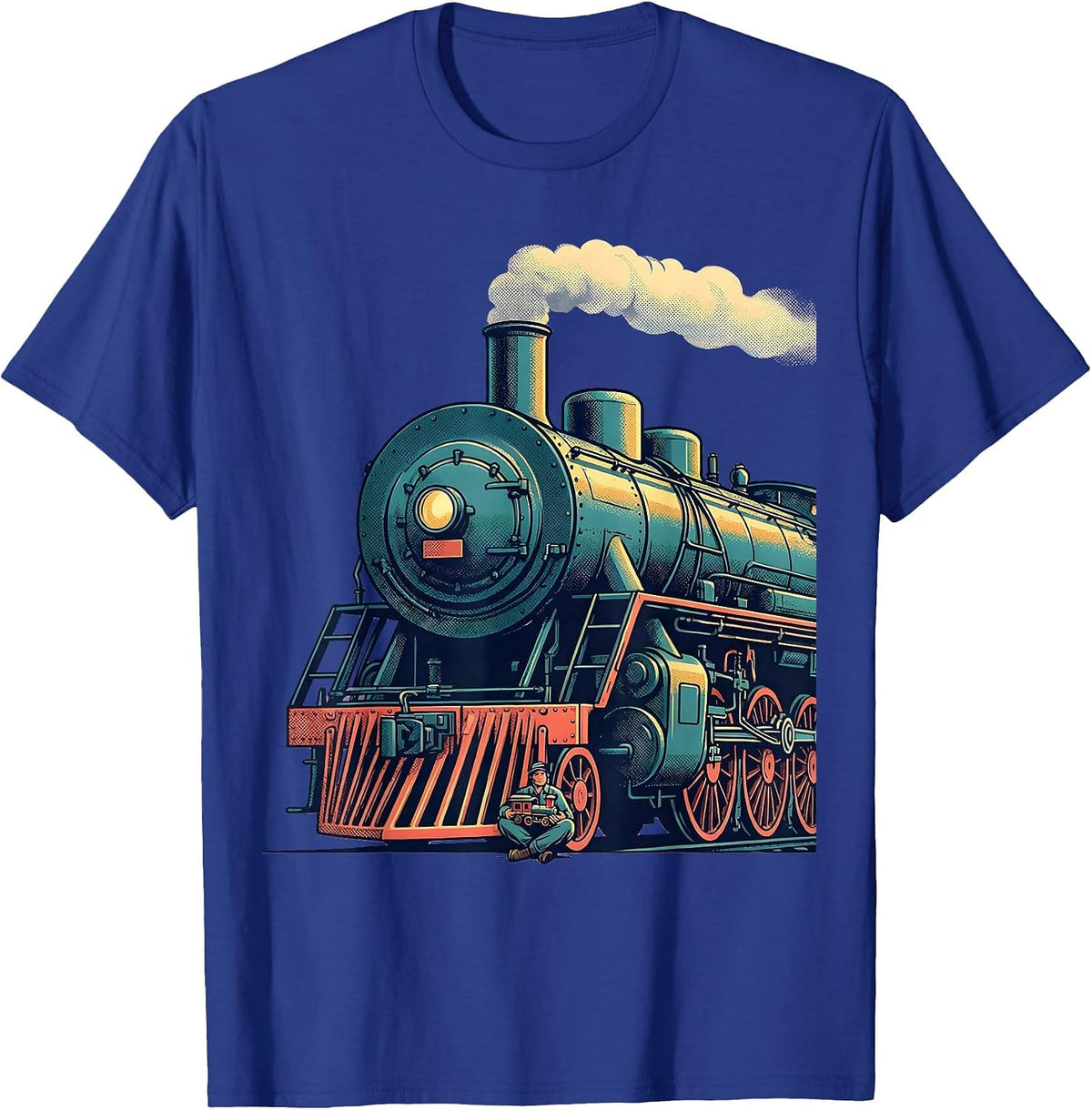 Men's Oversized Steam Locomotive Flat Vector Train Enthusiast T-Shirt - Royal Blue