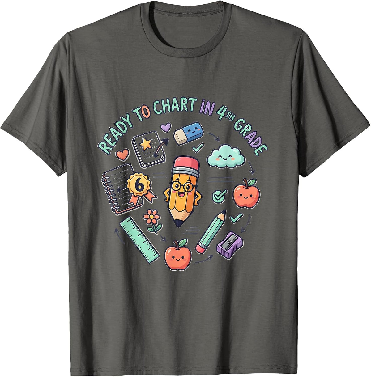 Ready to Chart in 4th Grade Cute Kawaii Stationery Doodle T-Shirt - Asphalt Grey