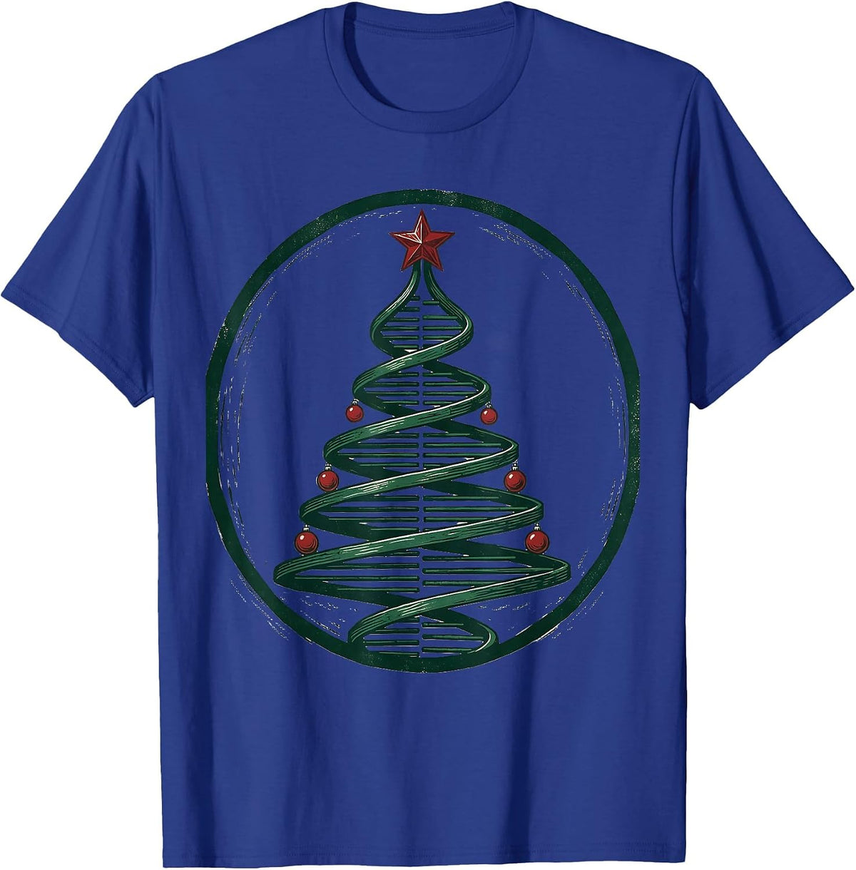 Men's DNA Helix Christmas Tree Linocut Science Teacher Humor T-Shirt - Royal Blue