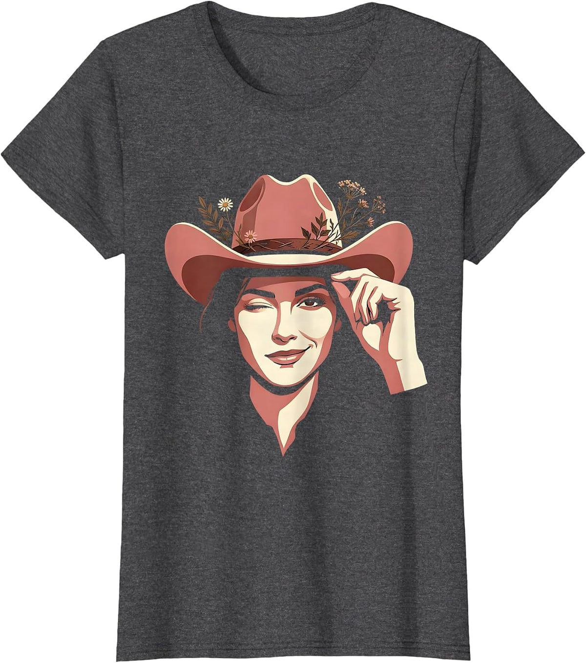 Women's Cowgirl Hat Tip Wink Western Graphic Tee T-Shirt - Dark Heather Grey