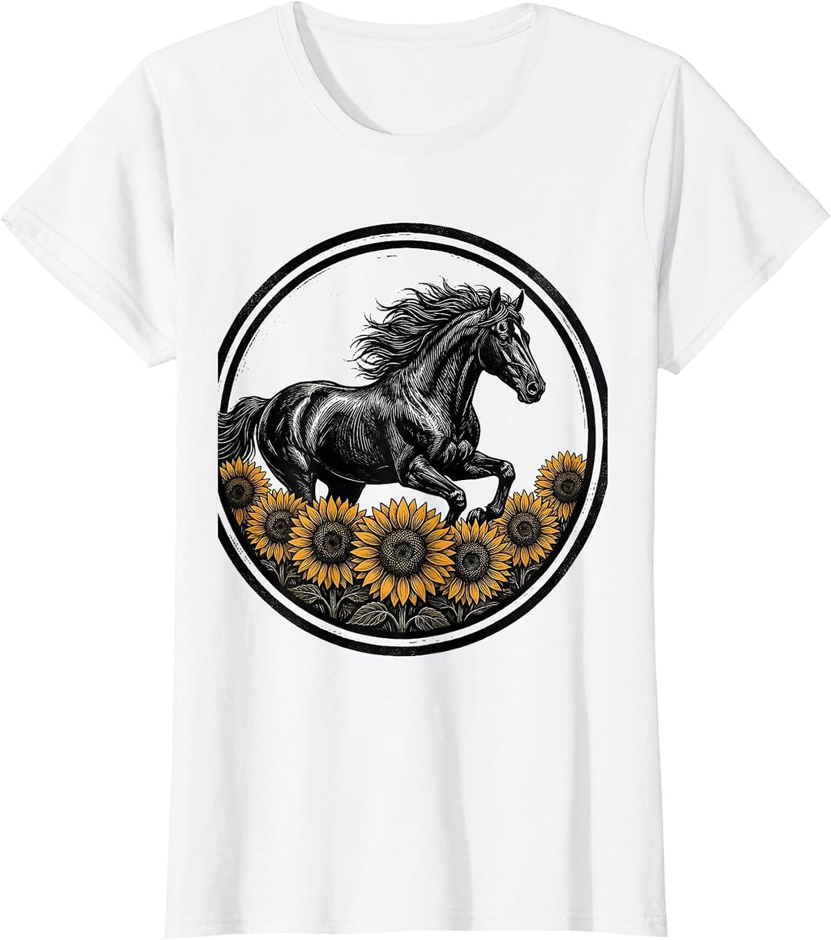Horse Galloping Through Sunflower Field T-Shirt - White