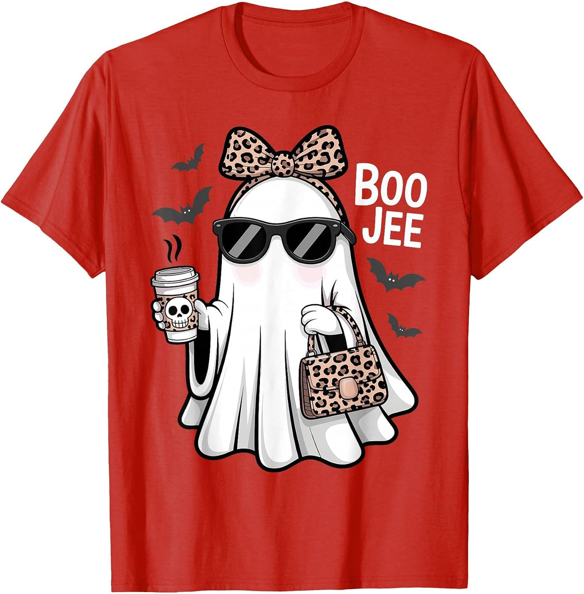 Halloween Boujee Ghost Coquette Leopard Ghost Coffee Boo-JEE T-Shirt - Red