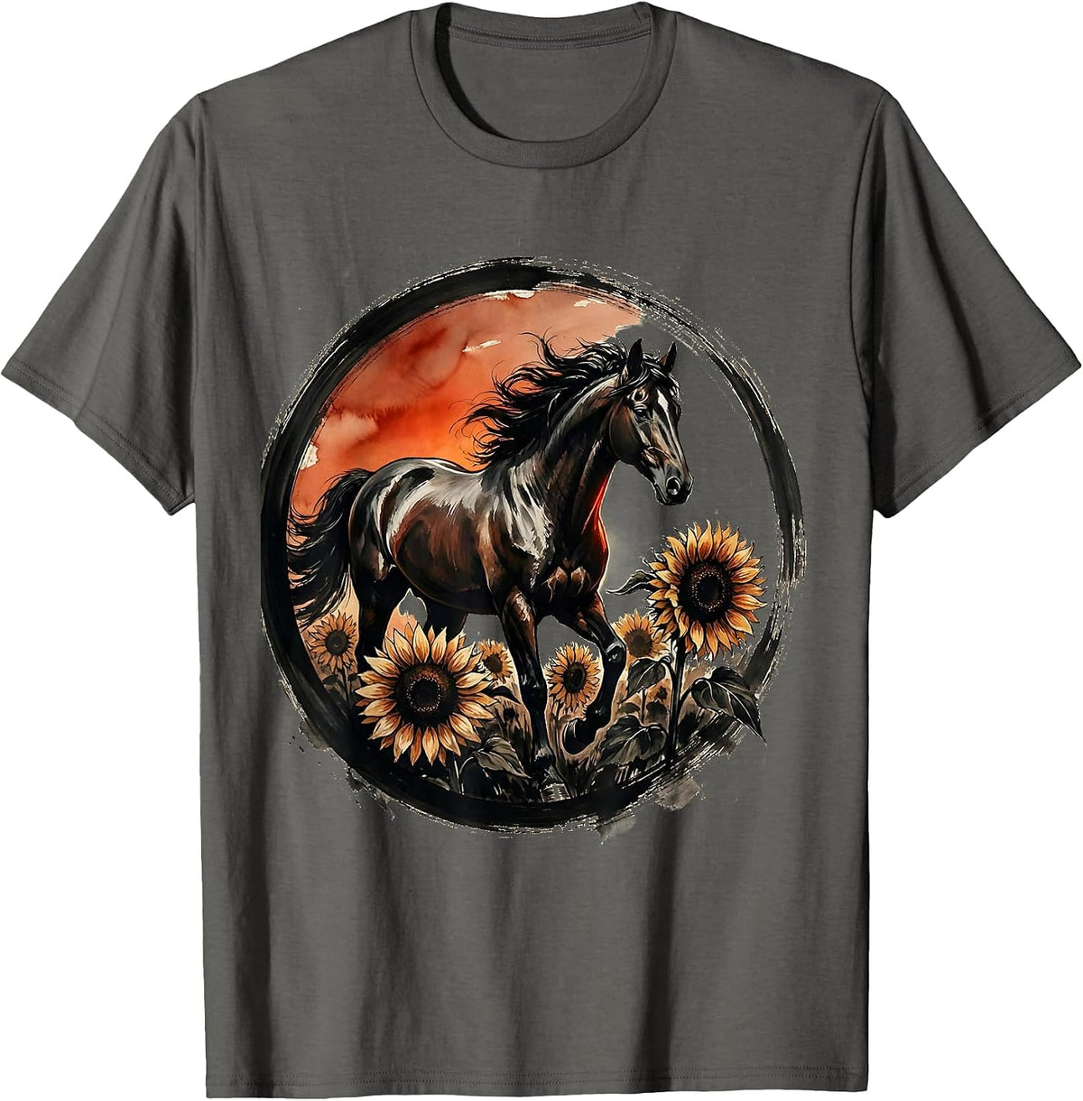 Men's Horse in Sunflower Field Dusk Illustration T-Shirt - Asphalt Grey