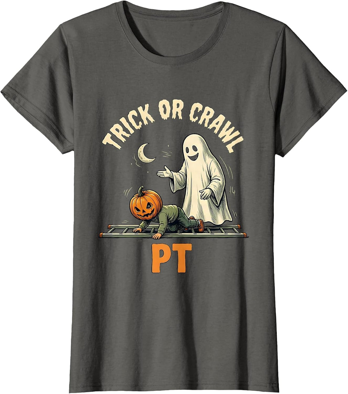 Women's Trick Or Crawl PT Funny Physical Therapy Halloween Ghost T-Shirt - Asphalt Grey