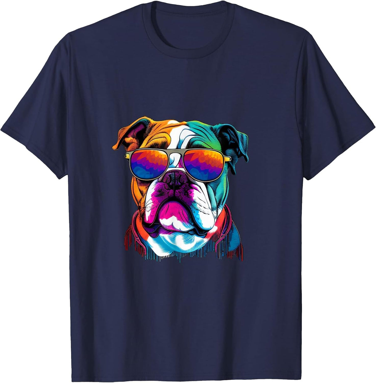 Funny Multicolor English Bulldog Face T-Shirt - Navy Blue