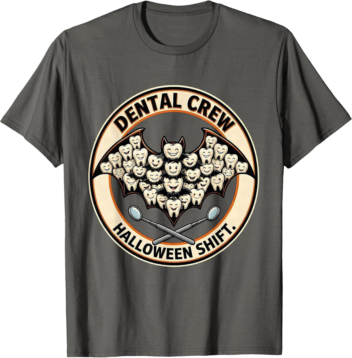 Dental Crew Halloween Shift Cute Teeth Dentist Dental T-Shirt - Asphalt Grey