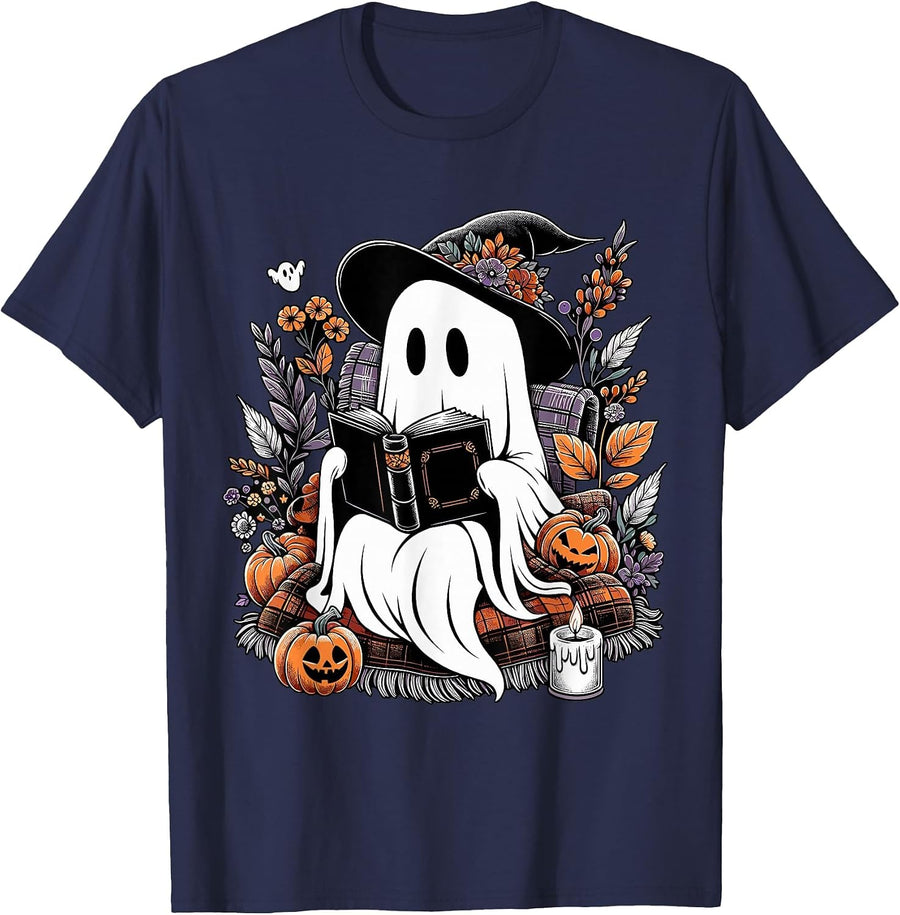 Ghost Reading Books Pumpkin Halloween T-Shirt - Navy Blue