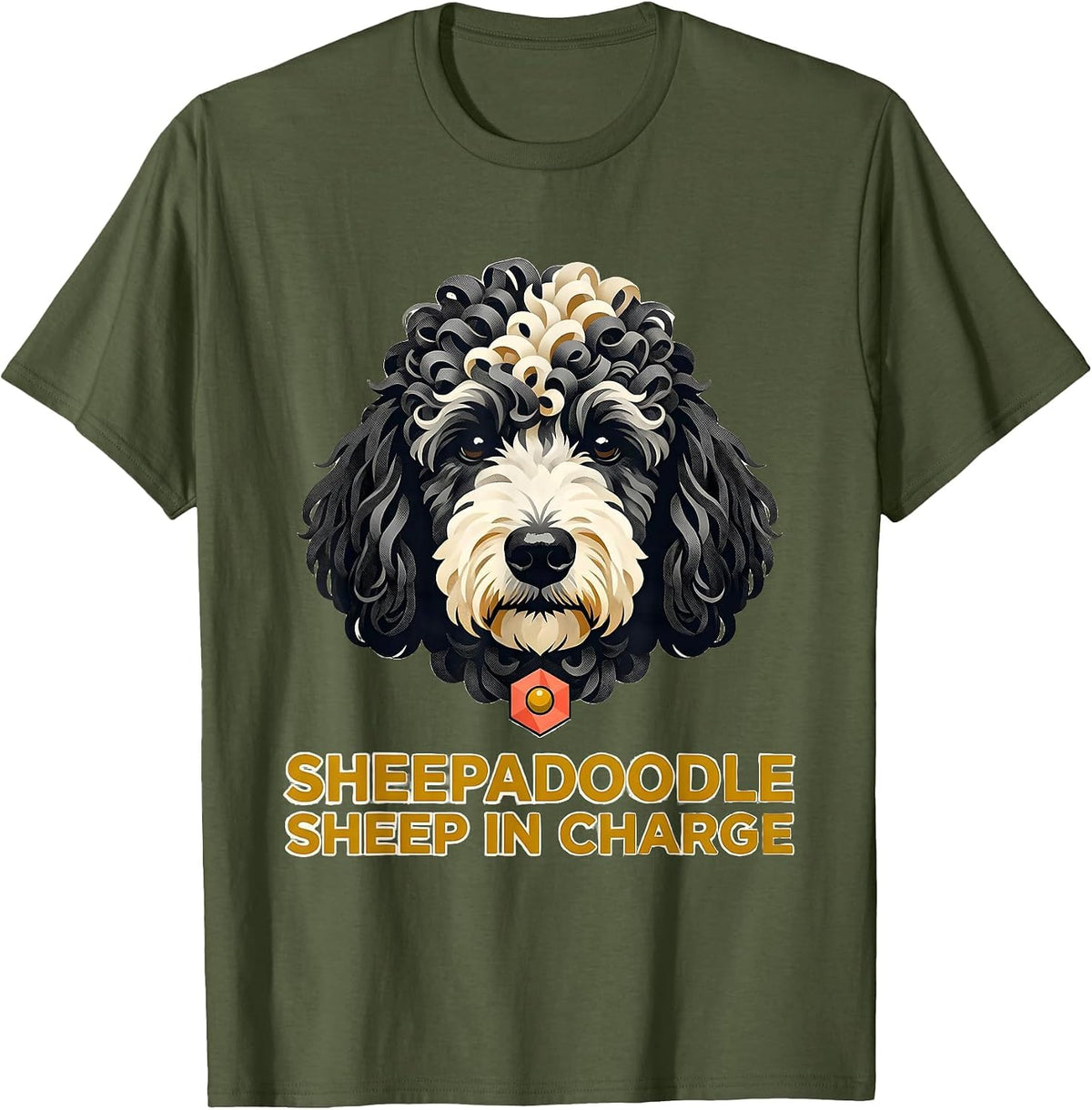 Sheepadoodle Sheep in Charge Midcentury Modern Doodle Dog T-Shirt - Olive Green