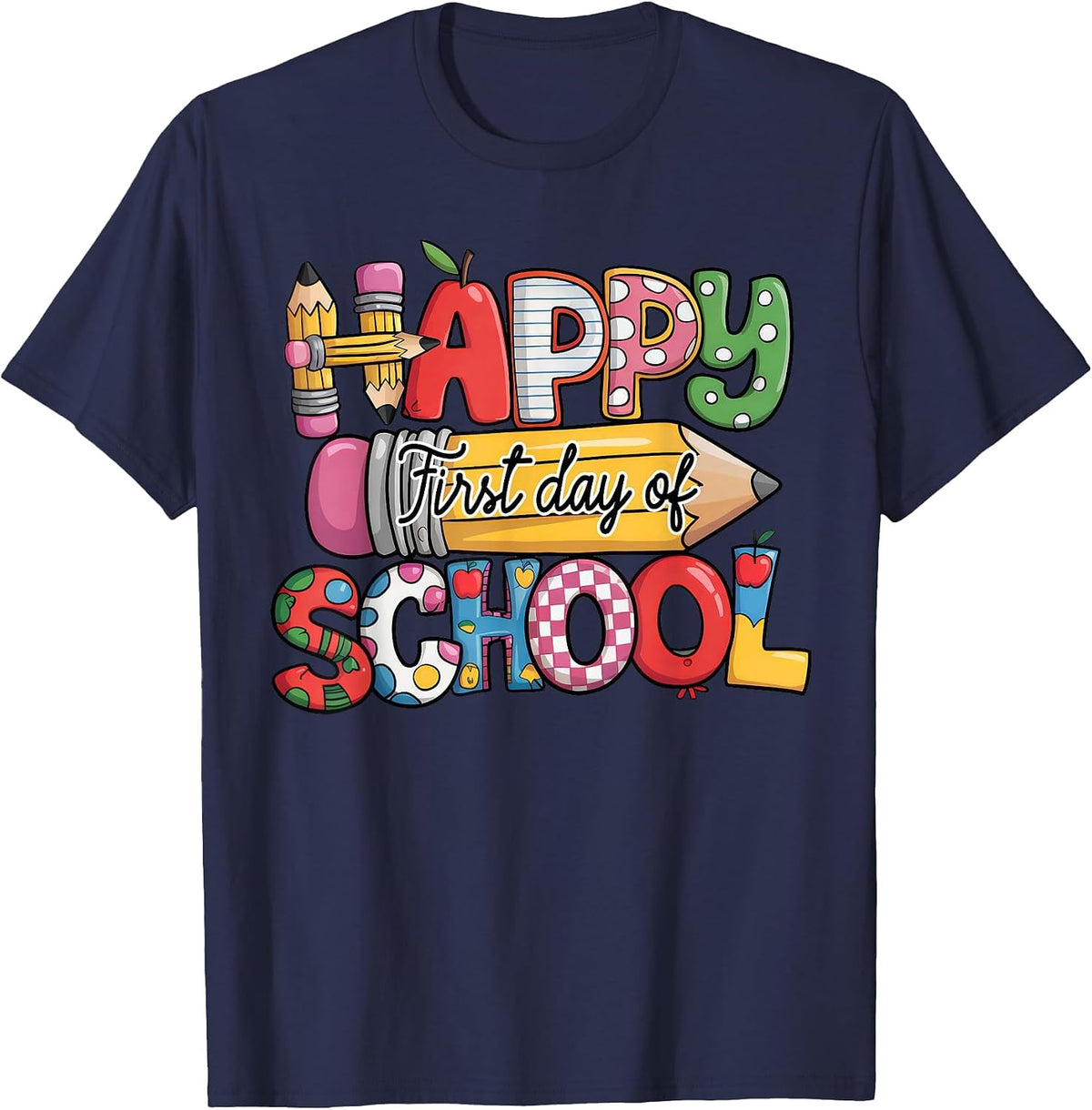 First Day of School Happy Back to School Teacher Student T-Shirt - Navy Blue