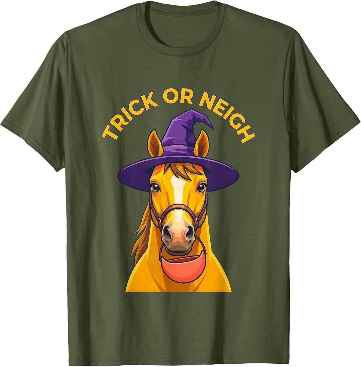 Men's Trick Or Neigh Flat Vector Halloween Horse Lover Humor T-Shirt - Olive Green