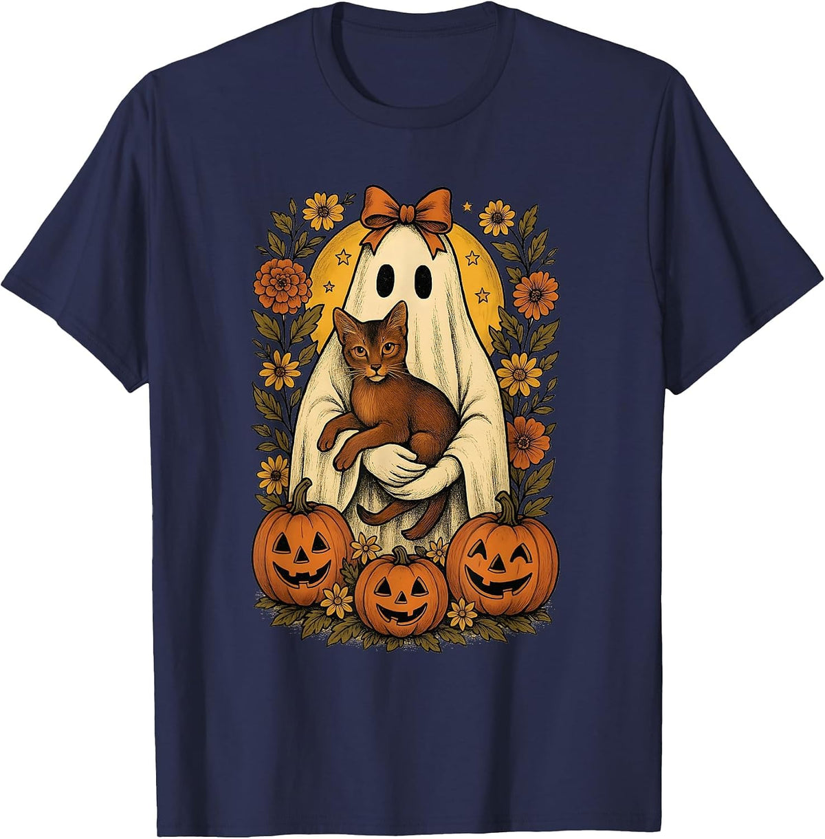 Vintage Ghost Holding Abyssinian Cat with Pumpkins Halloween T-Shirt - Navy Blue