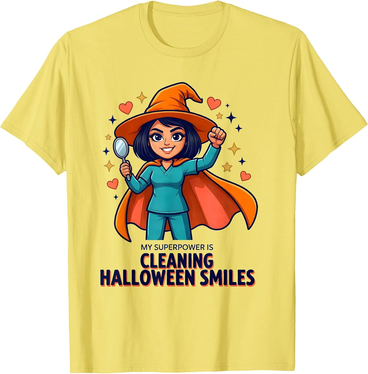 Men's MY SUPERPOWER IS CLEANING HALLOWEEN SMILES Dental Hygienist T-Shirt - Lemon Yellow