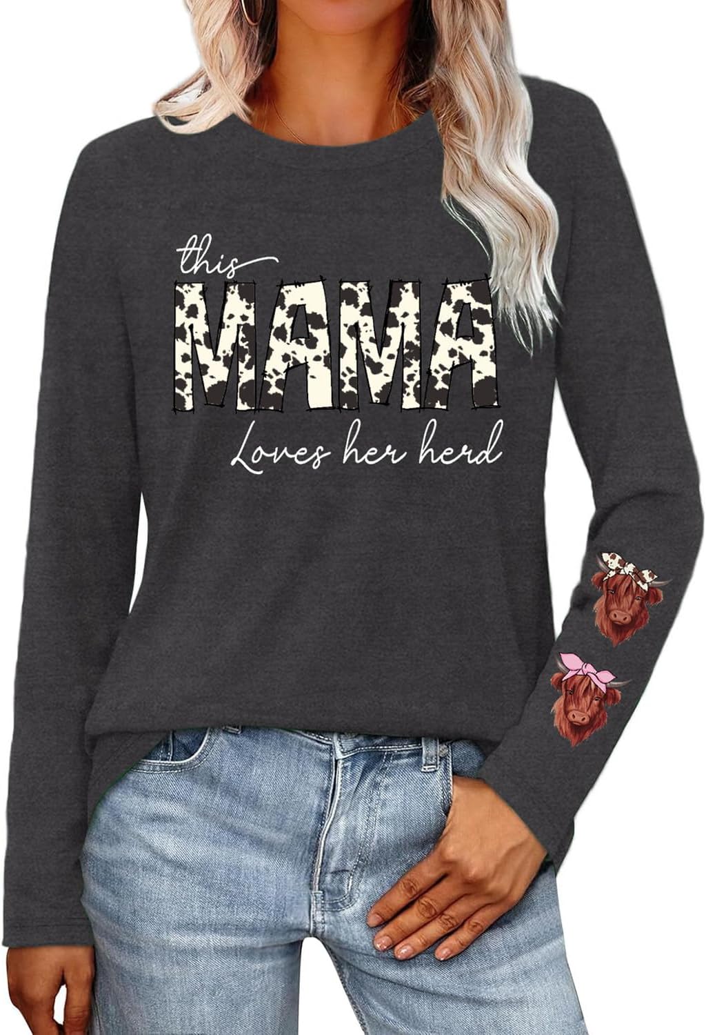 Women's Mama Shirt Mom Long Sleeves Tee Tops - Grey