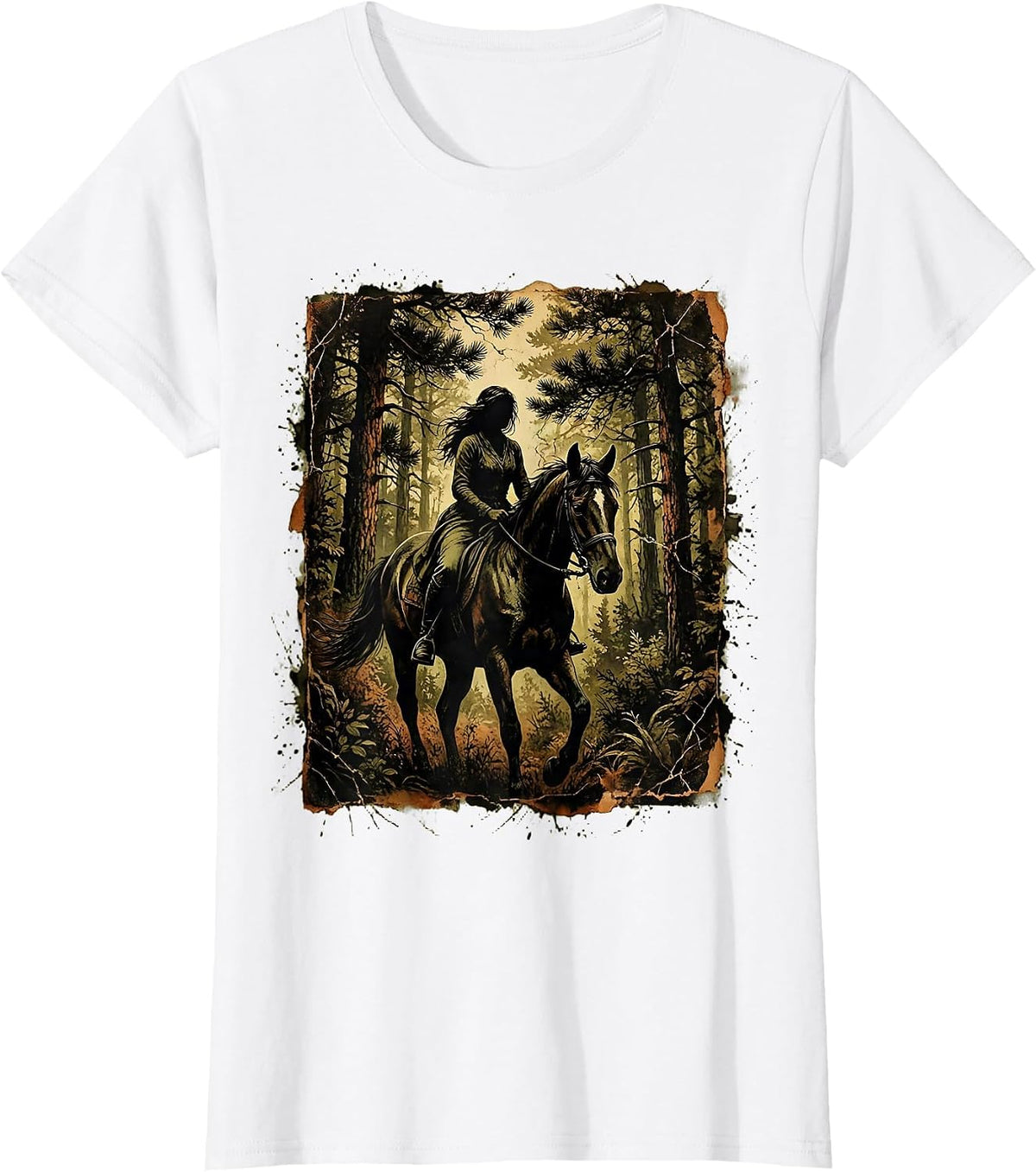 Women's Camo Horseback Rider Woodland Landscape Graphic T-Shirt - White