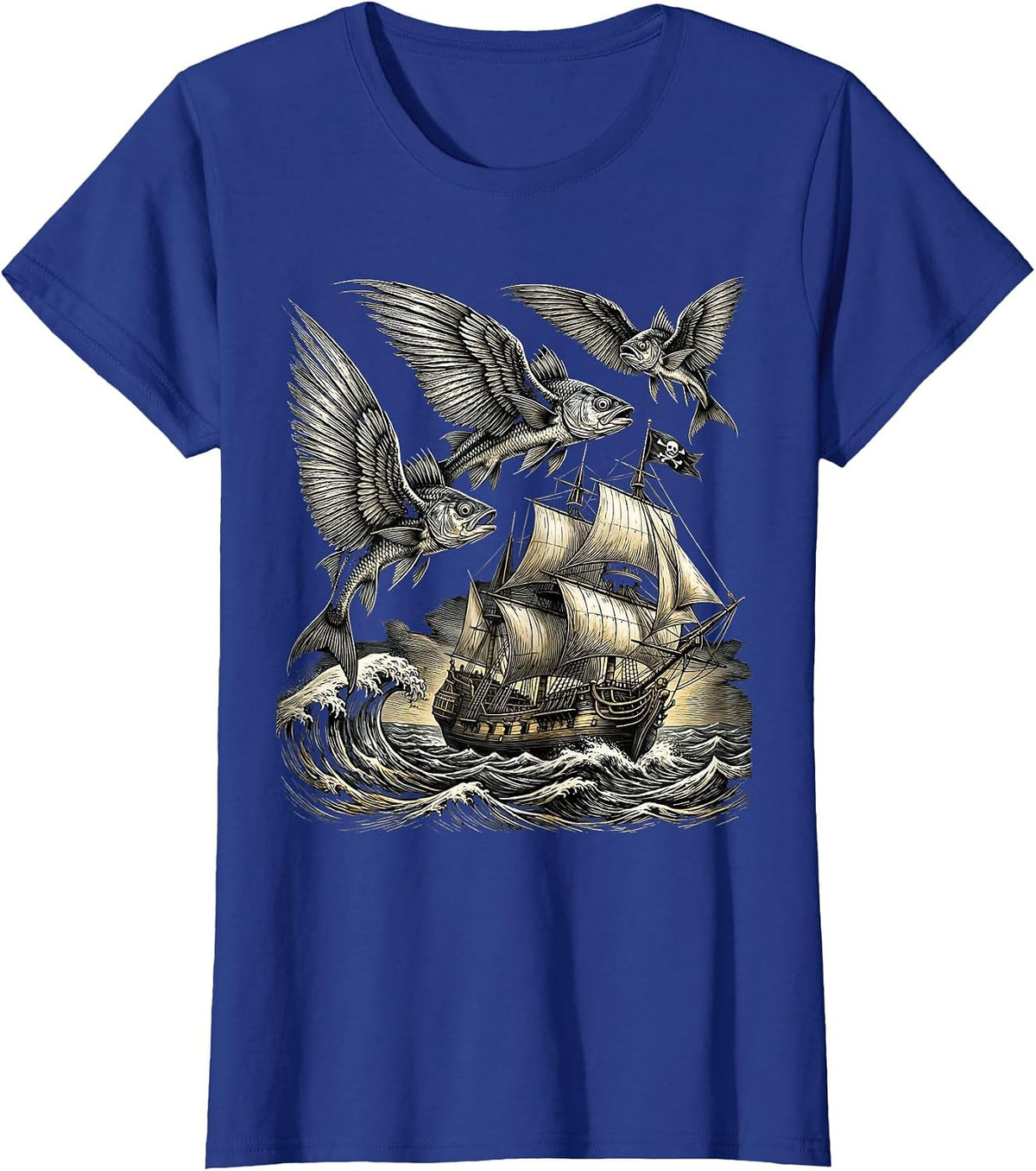 Women's Flying Fish Leaping Over Pirate Ship Graphic T-Shirt - Royal Blue