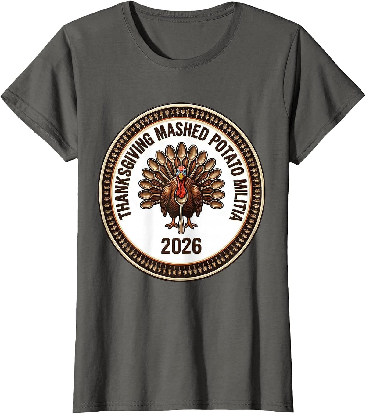 Women's Thanksgiving Mashed Potato Militia 2026 Funny T-Shirt - Asphalt Grey