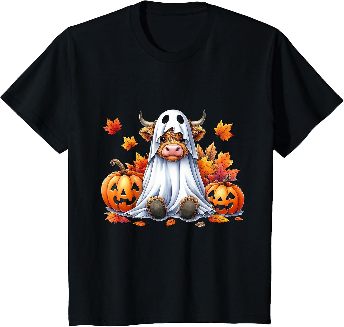 Funny Halloween Highland Cow Ghost Spooky Pumpkin Hello Fall T-Shirt - Black