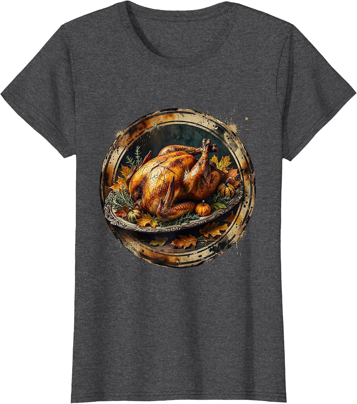 Women's Thanksgiving Roasted Turkey Platter Illustration T-Shirt - Dark Heather Grey