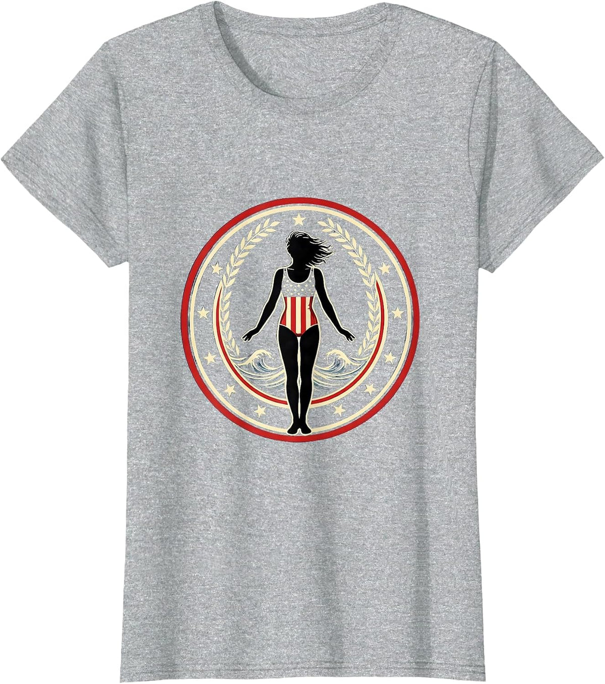 Stars and Stripes Swimsuit Beach Illustration T-Shirt - Heather Grey