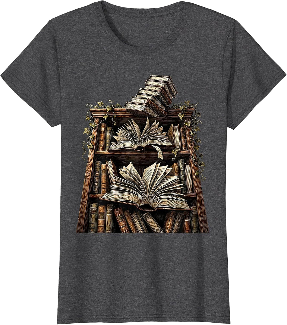 Women's Overflowing Bookshelf Illustration for Book Lovers T-Shirt - Dark Heather Grey