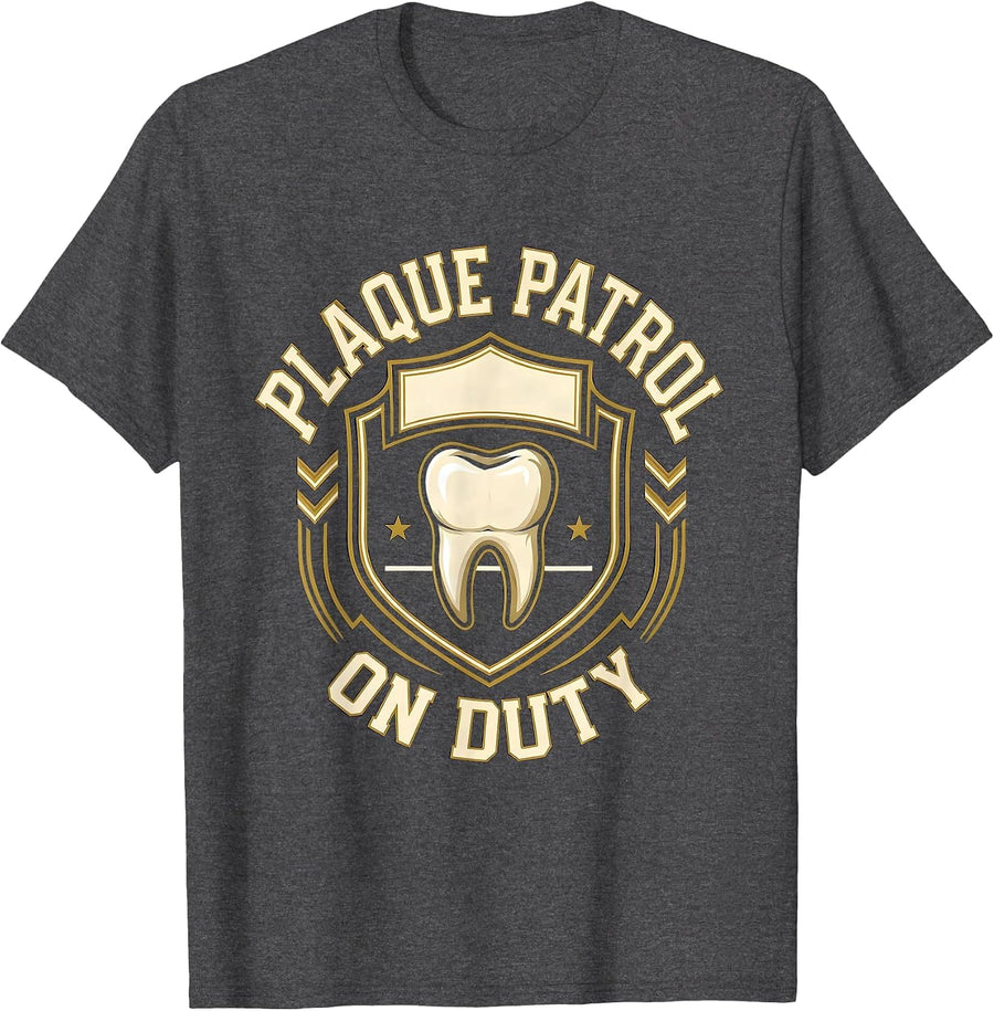 Men's Plaque Patrol On Duty Funny Dental Hygienist Humor T-Shirt - Dark Heather Grey