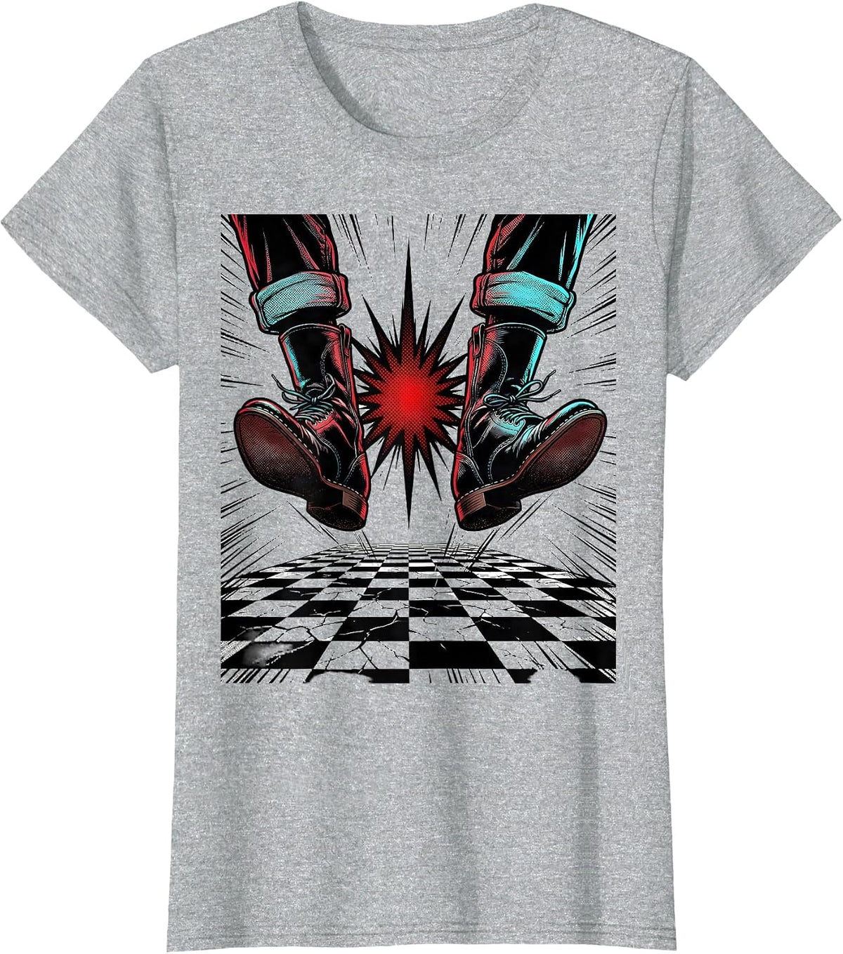 Women's Rolled Cuff Greaser Boot Retro 1950s Sock Hop Rockabilly T-Shirt - Heather Grey