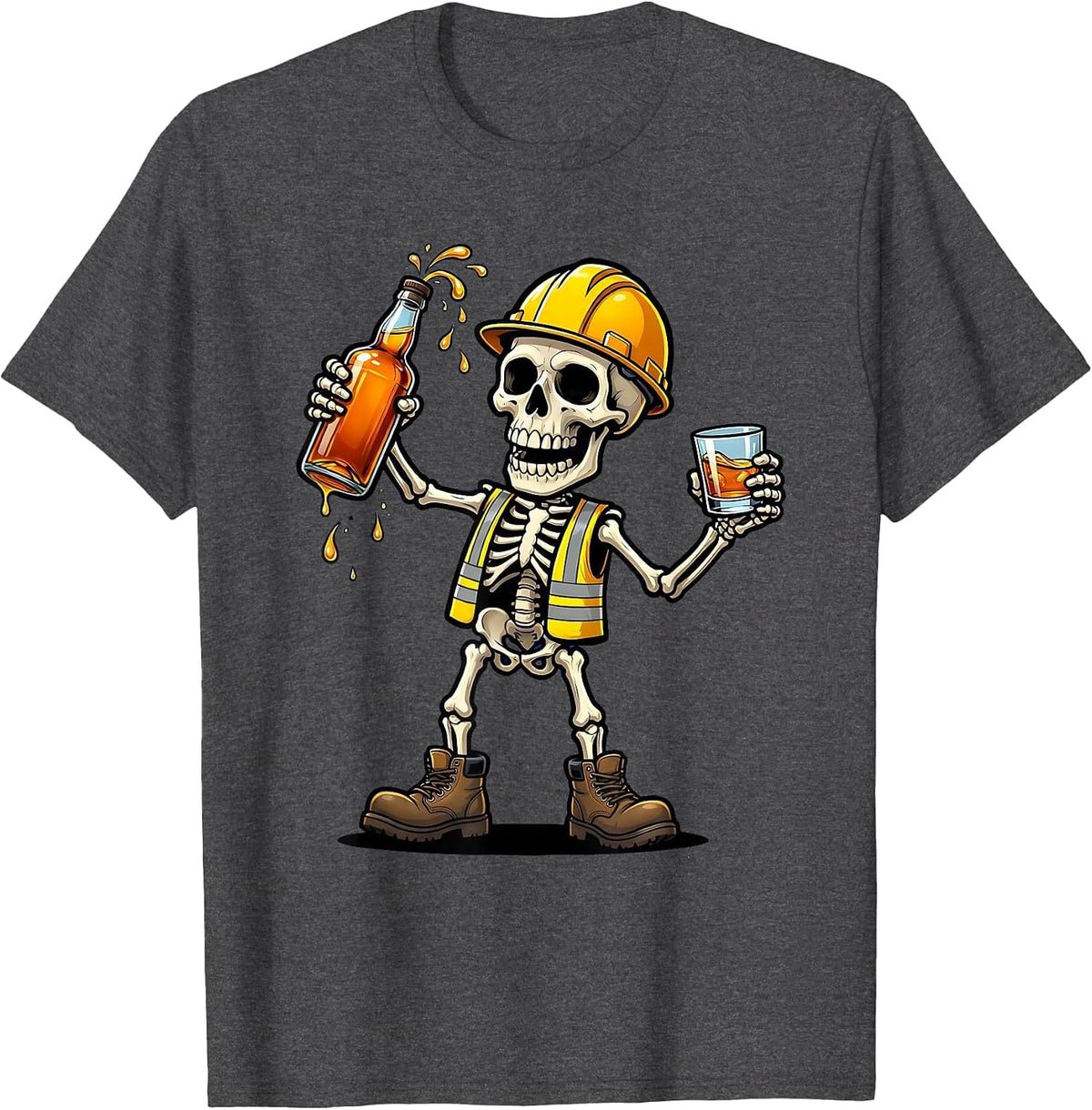 Skeleton Construction Worker Whiskey Labor Day T-Shirt - Dark Heather Grey