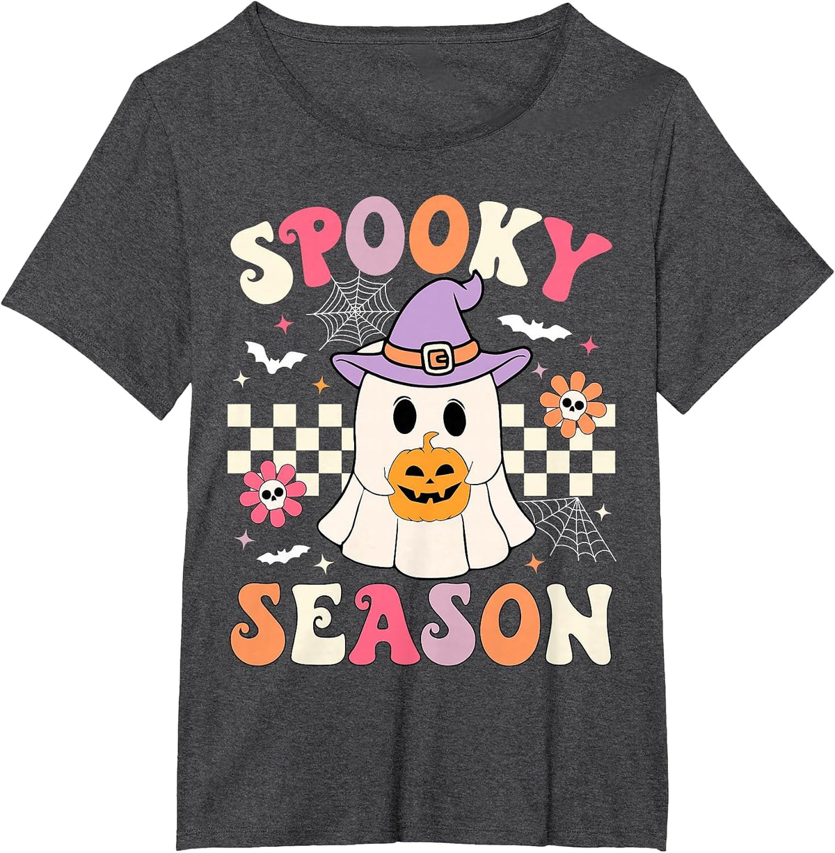 Groovy Spooky Season Retro Ghost Holding Pumpkin Halloween T-Shirt - Dark Heather Grey