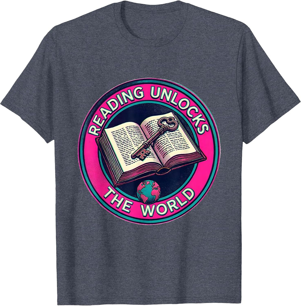 Reading Unlocks the World Teacher Design T-Shirt - Heather Blue