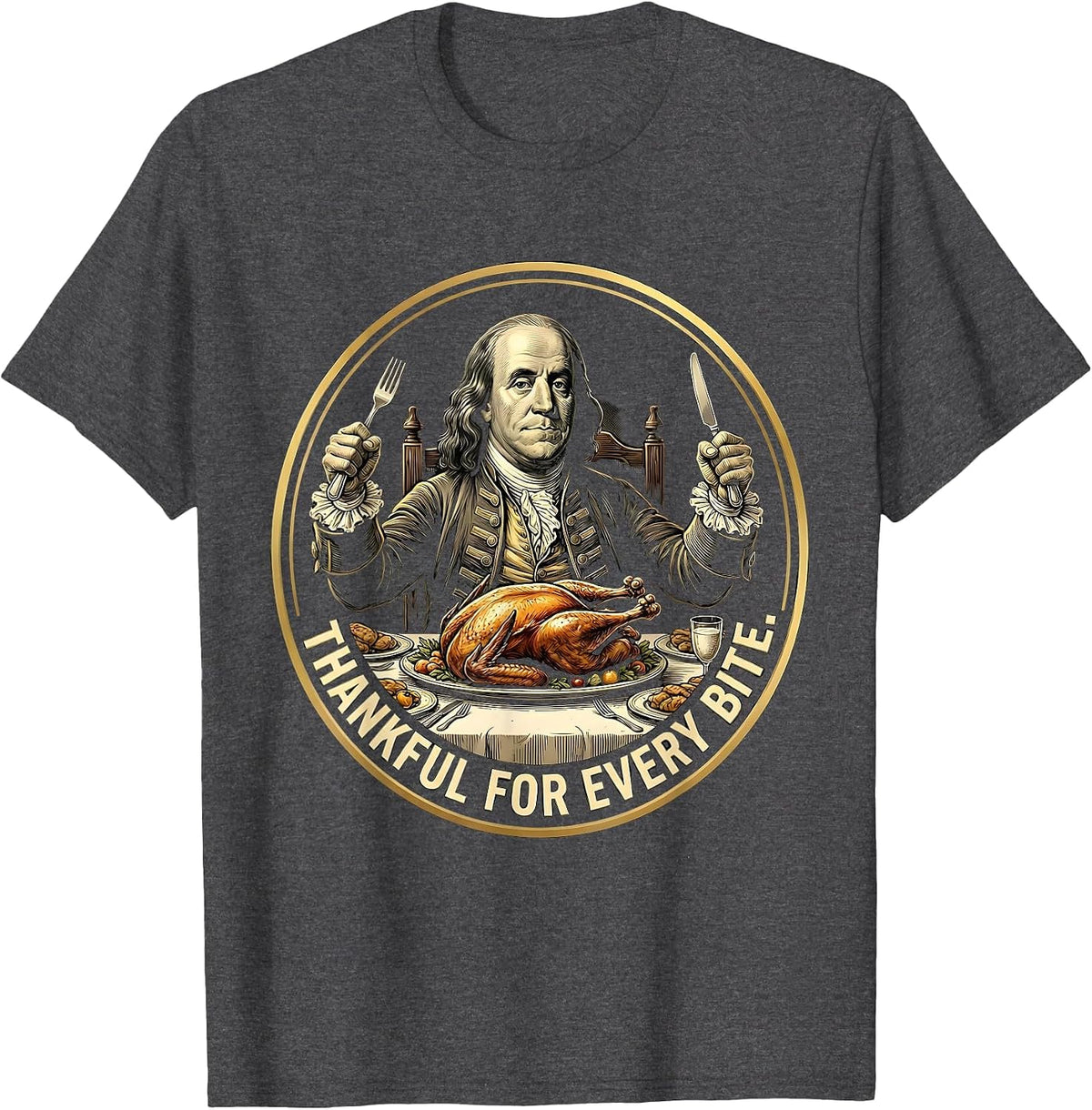 Thankful for Every Bite Kids Thanksgiving Design T-Shirt - Dark Heather Grey