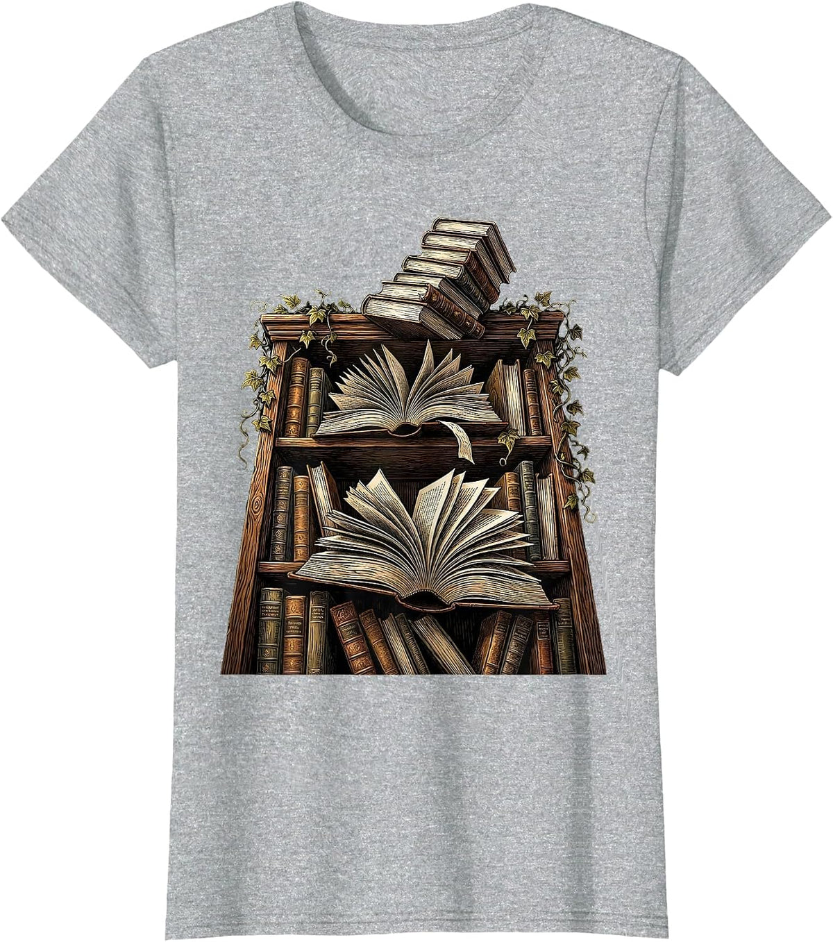 Women's Overflowing Bookshelf Illustration for Book Lovers T-Shirt - Heather Grey