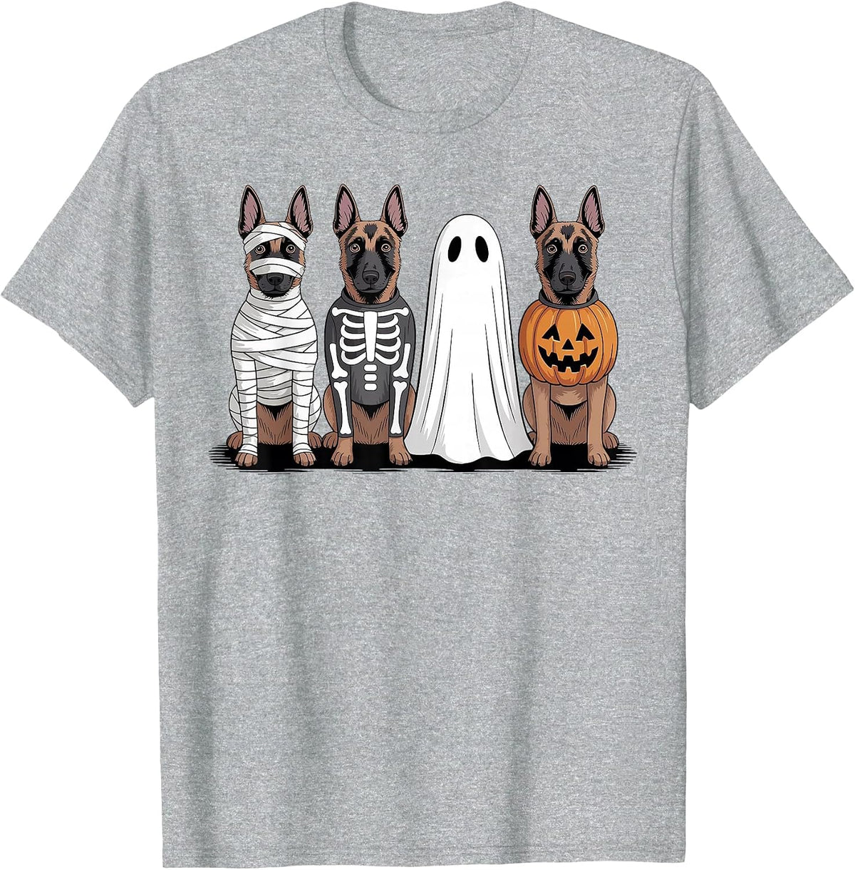 Spooky Ghost Belgian Malinois Pumpkin Halloween Dog Skeleton T-Shirt - Heather Grey