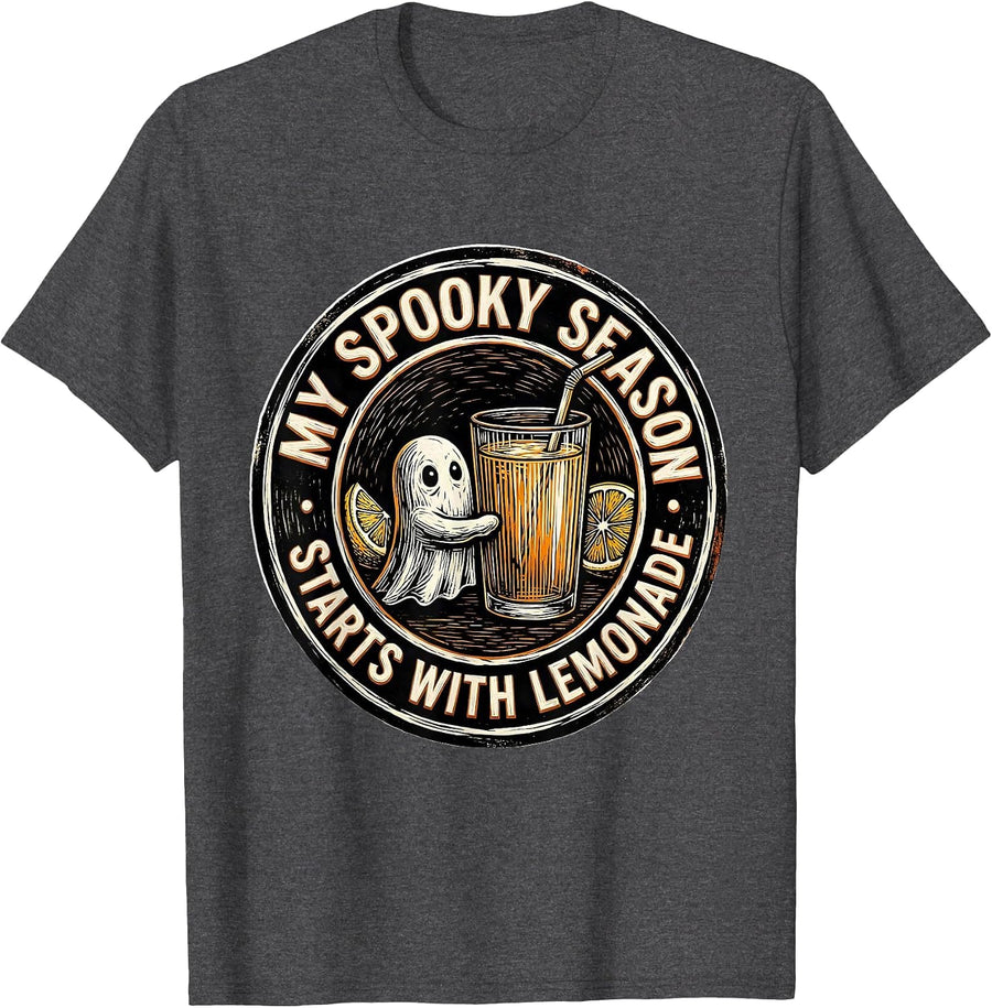 Men's My Spooky Season Starts With Lemonade Whimsical Ghost T-Shirt - Dark Heather Grey