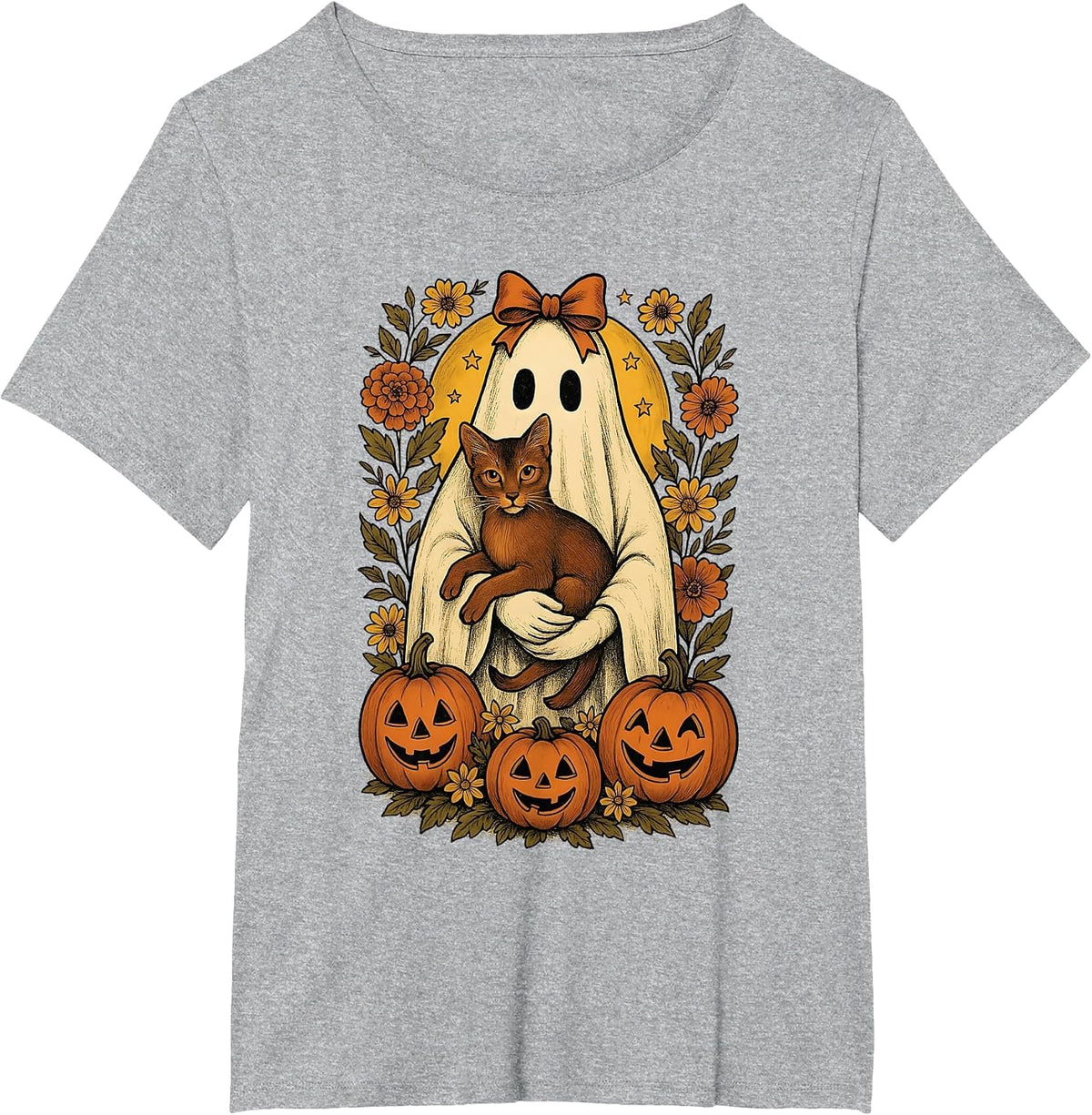 Vintage Ghost Holding Abyssinian Cat with Pumpkins Halloween T-Shirt - Heather Grey