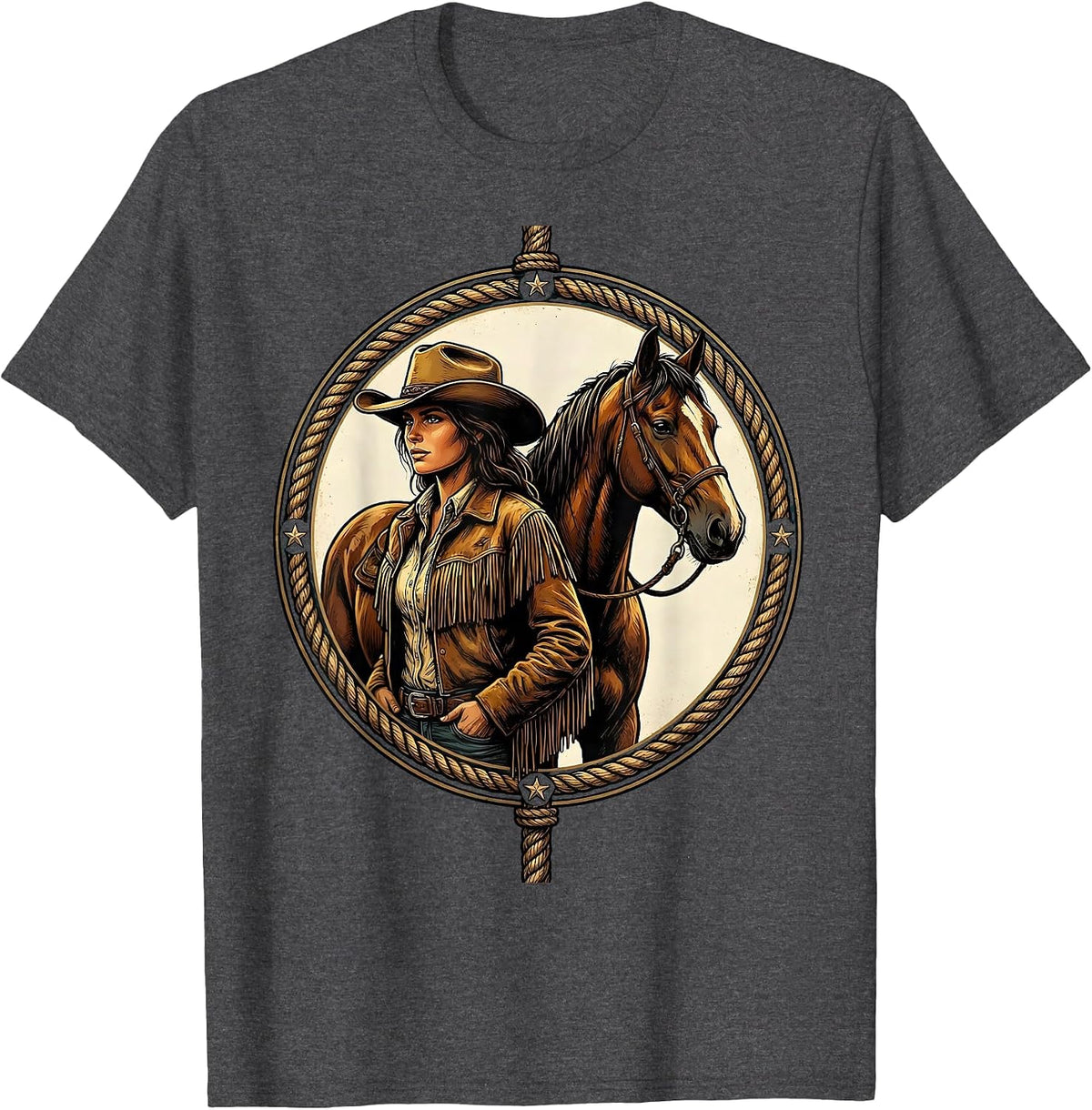 Cowboy Woman and Horse Back-To-Back Graphic T-Shirt - Dark Heather Grey