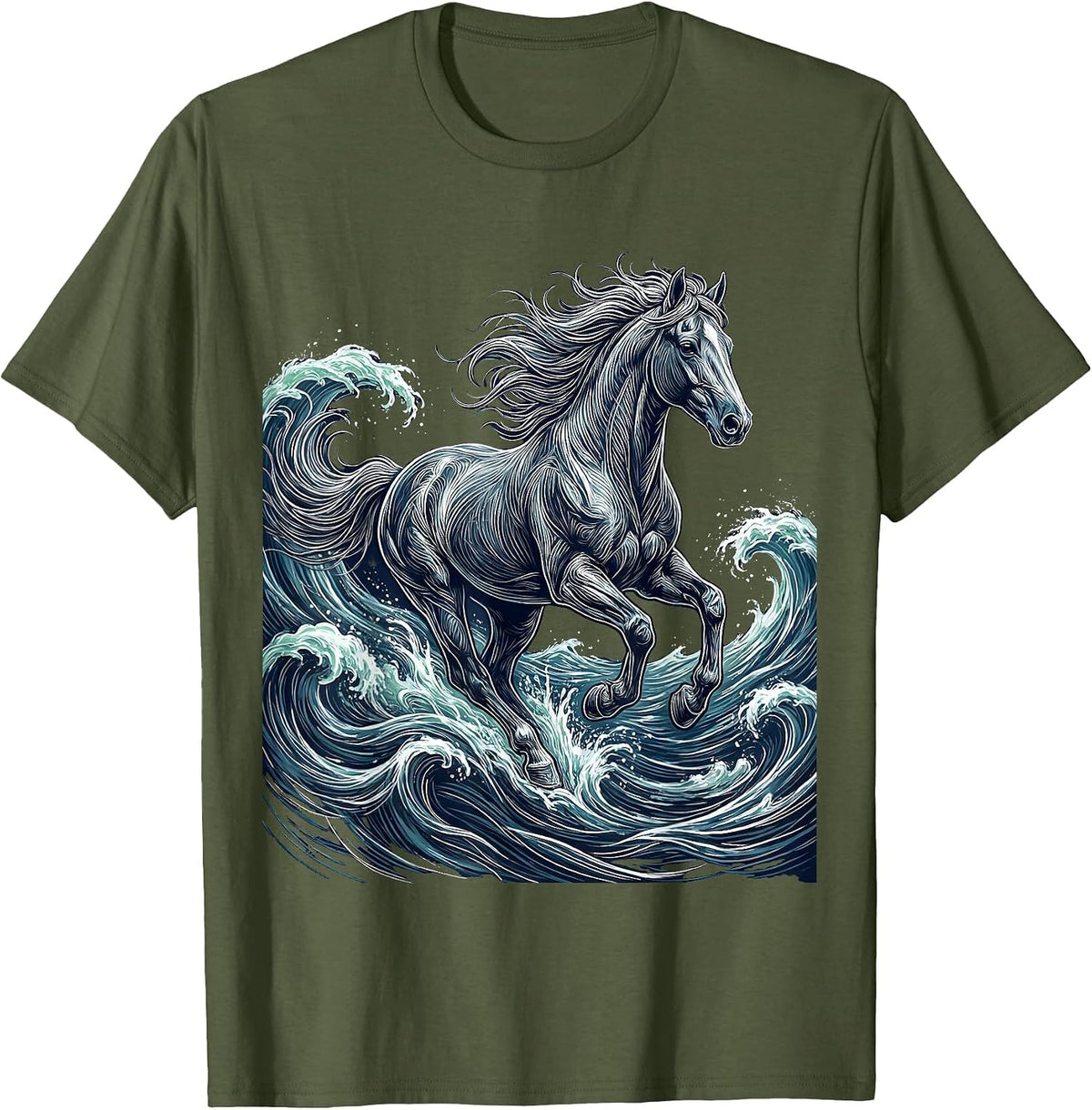 Horse Galloping Through Ocean Waves Graphic T-Shirt - Olive Green