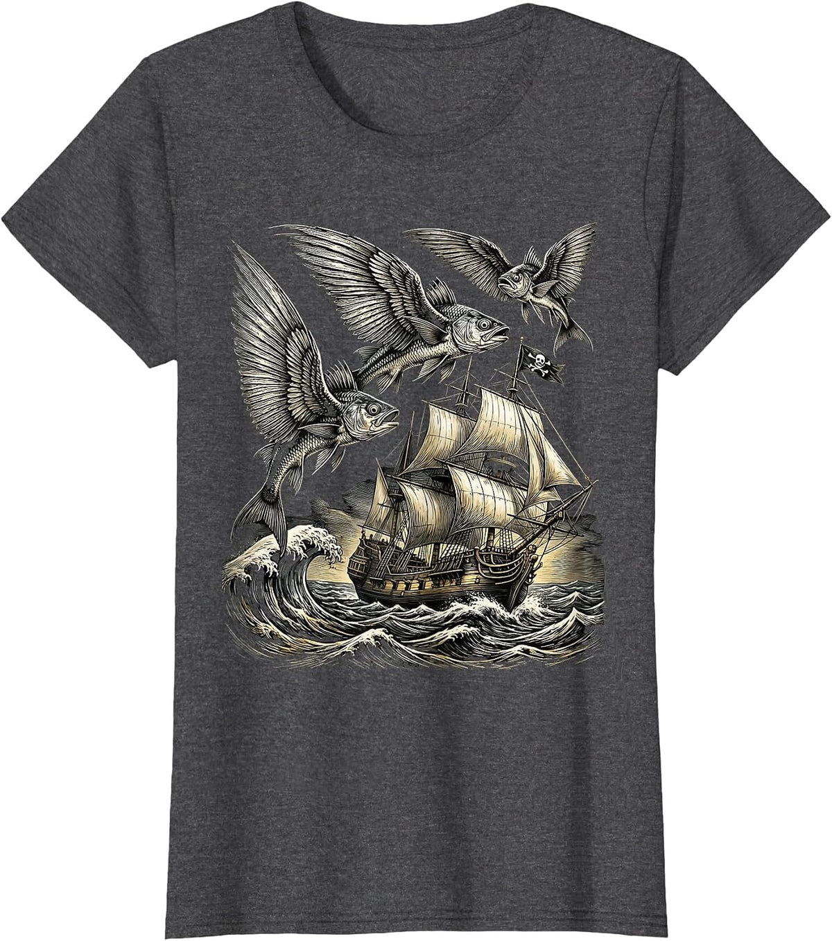 Women's Flying Fish Leaping Over Pirate Ship Graphic T-Shirt - Dark Heather Grey