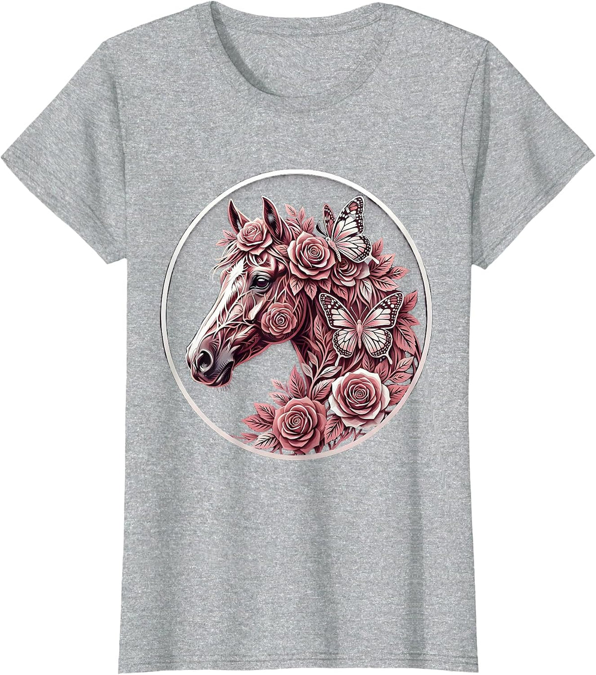 Horse Head Floral Crown Butterfly Illustration T-Shirt - Heather Grey