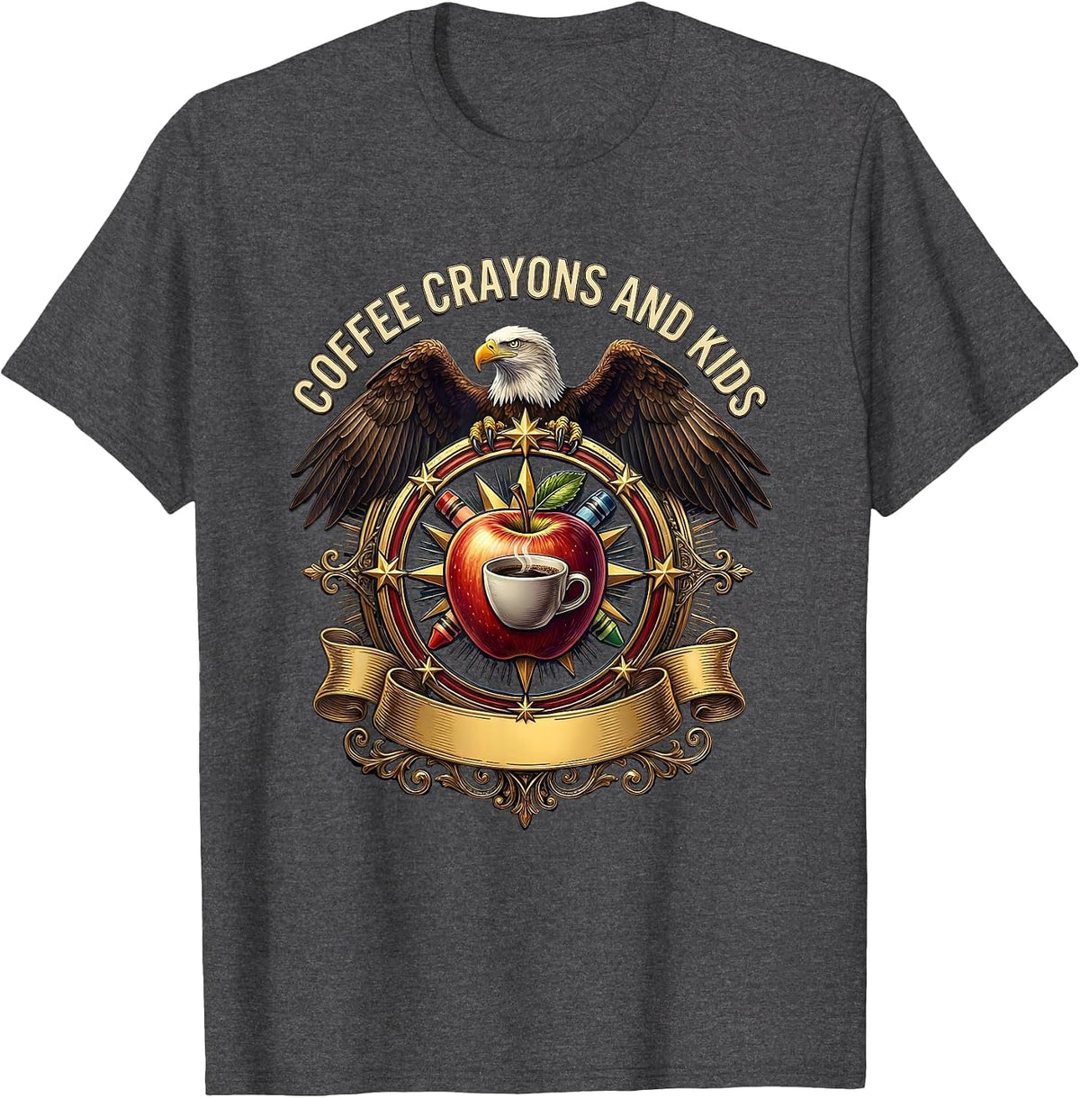 Coffee Crayons And Kids Elementary Teacher Design T-Shirt - Dark Heather Grey