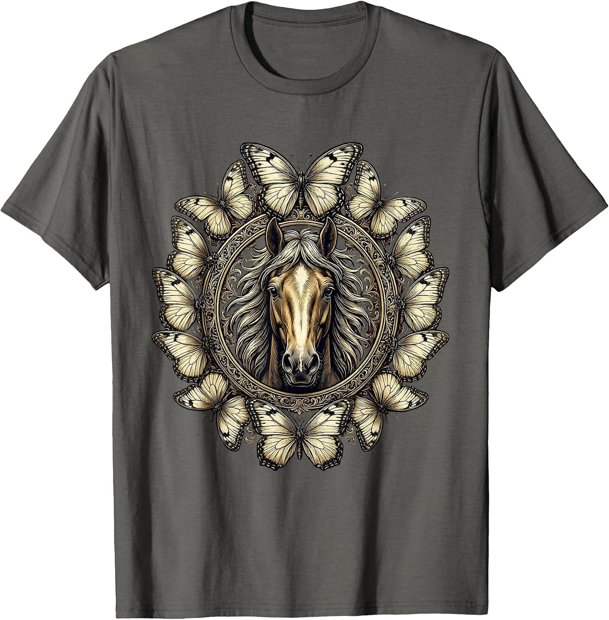 Horse Head and Butterflies Graphic Design T-Shirt - Asphalt Grey