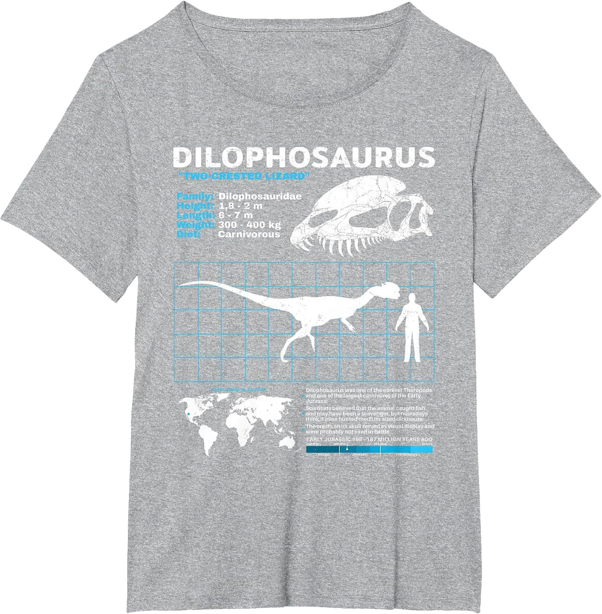 Dilophosaurus fact Sheet Dinosaur Facts T-Shirt - Heather Grey
