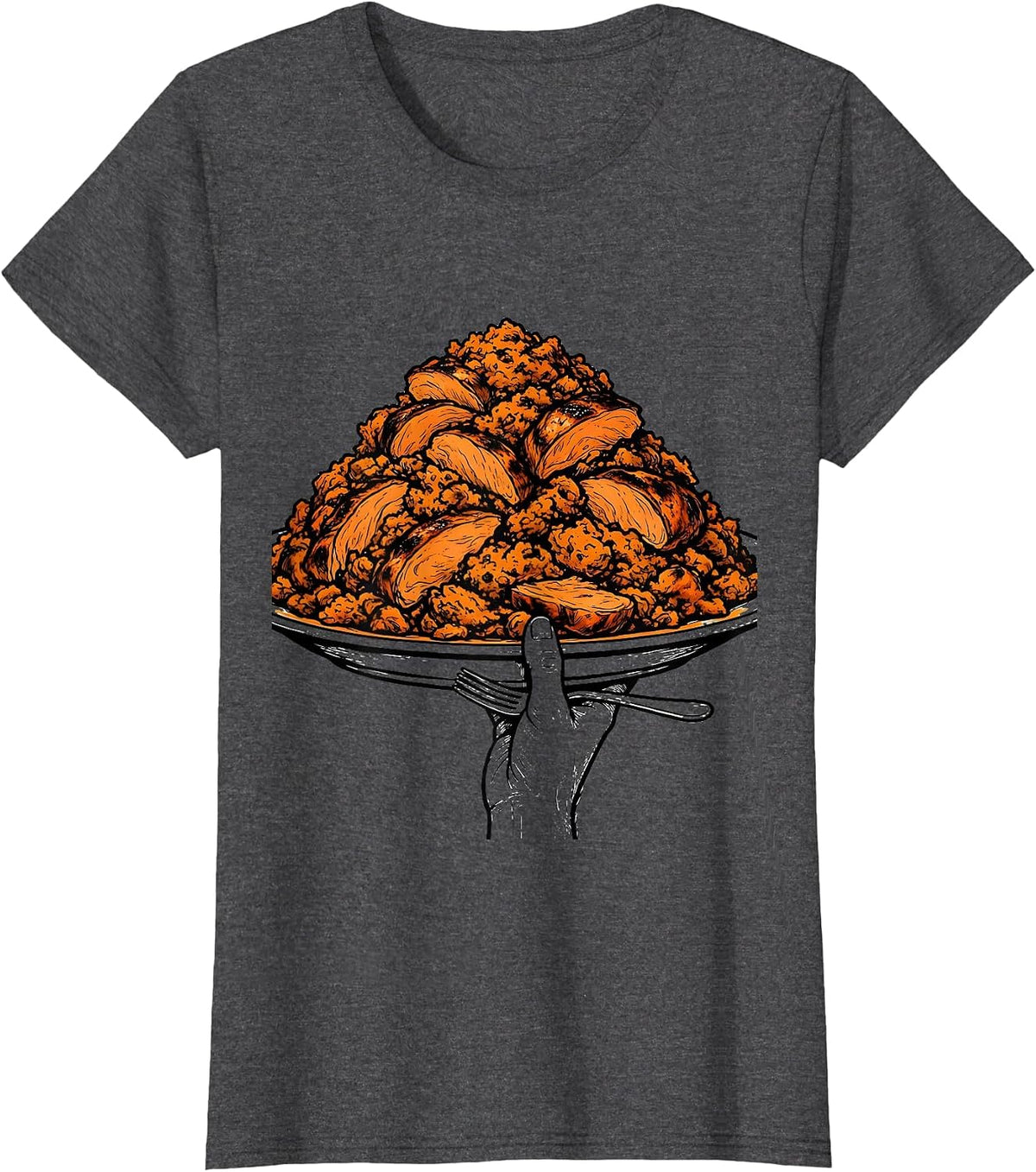 Women's Oversized Turkey Plate Funny Family Thanksgiving Humor T-Shirt - Dark Heather Grey