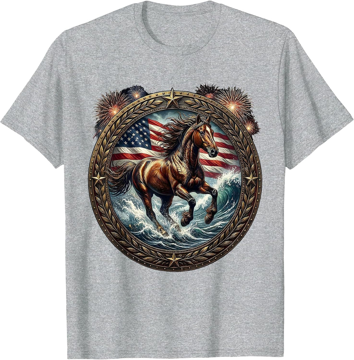 Men's Wild Horse Galloping Through Ocean Surf T-Shirt - Heather Grey