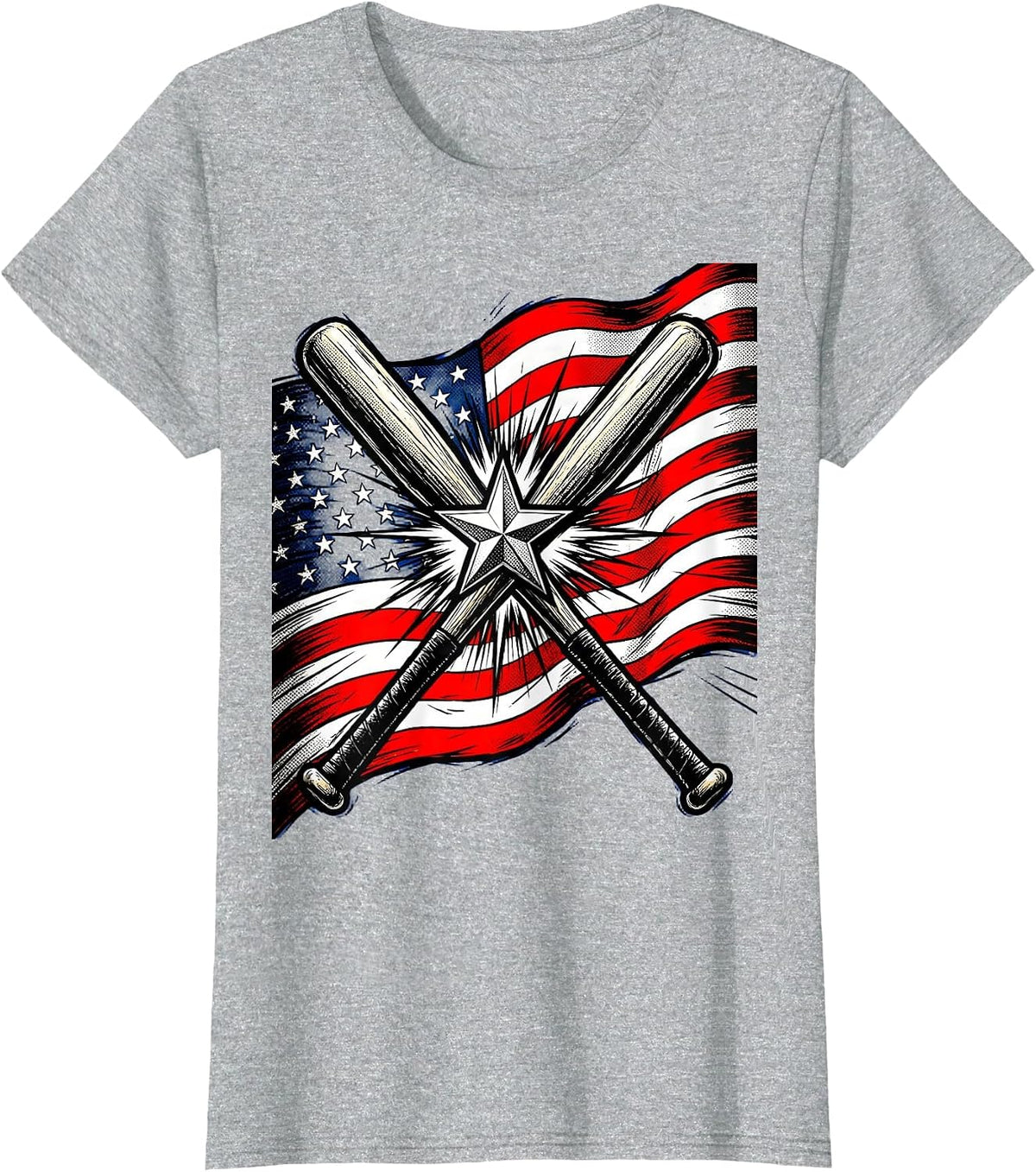 Women's Boys Red White and Blue Crossed Baseball Bats T-Shirt - Heather Grey