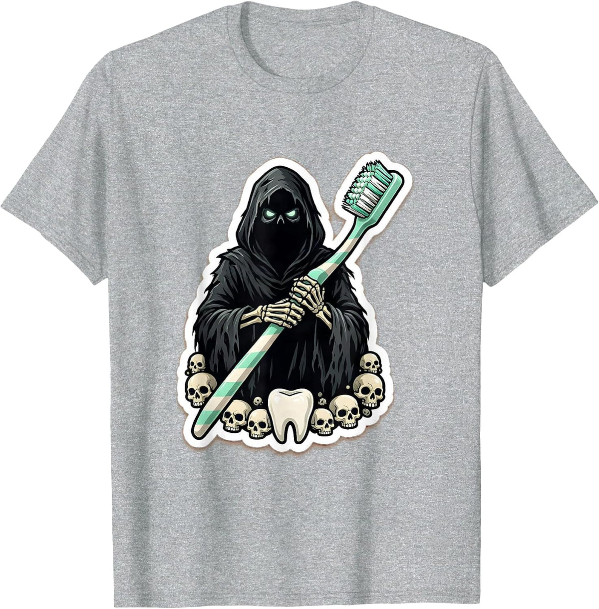 Men's Dental Halloween Grim Reaper Giant Toothbrush T-Shirt - Heather Grey