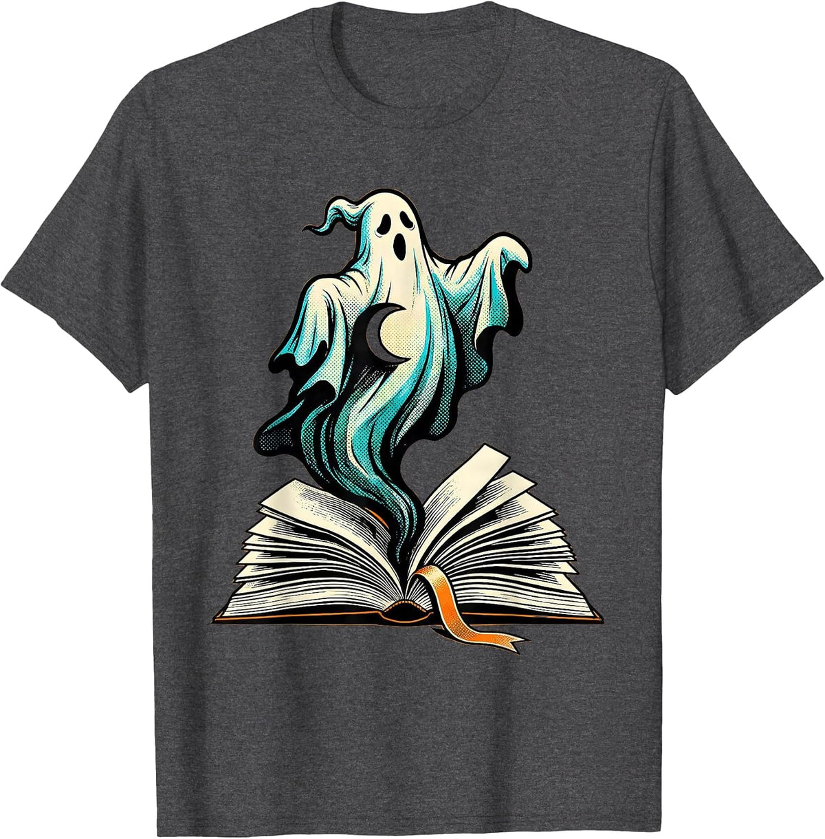 Ghost Book Pop Art Halloween Bookworm Teacher T-Shirt - Dark Heather Grey