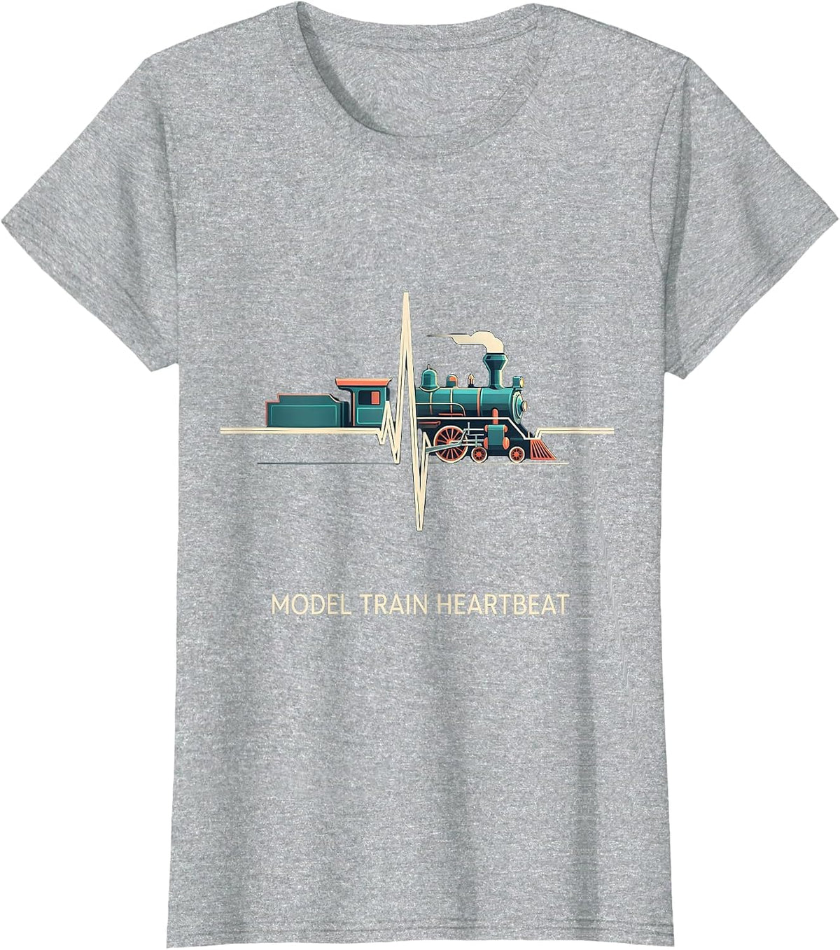 Women's Model Train Heartbeat Flat Vector Rail Enthusiast Hobby Gift T-Shirt - Heather Grey