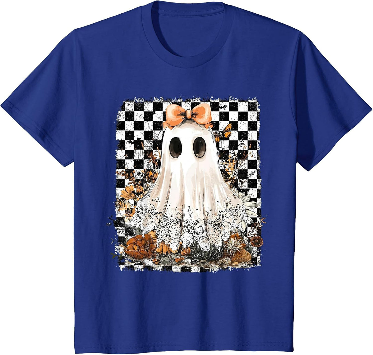 Coquette Bow Ghost Spooky Season Halloween Checkered Retro T-Shirt - Royal Blue