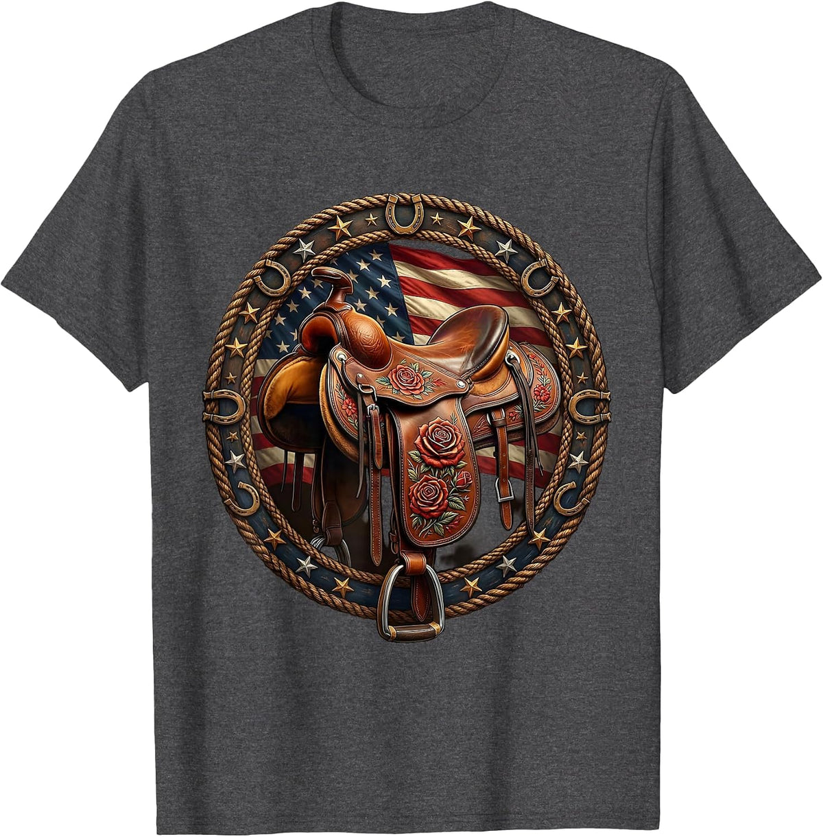Men's Floral Stitched Leather Saddle Cowgirl Design T-Shirt - Dark Heather Grey