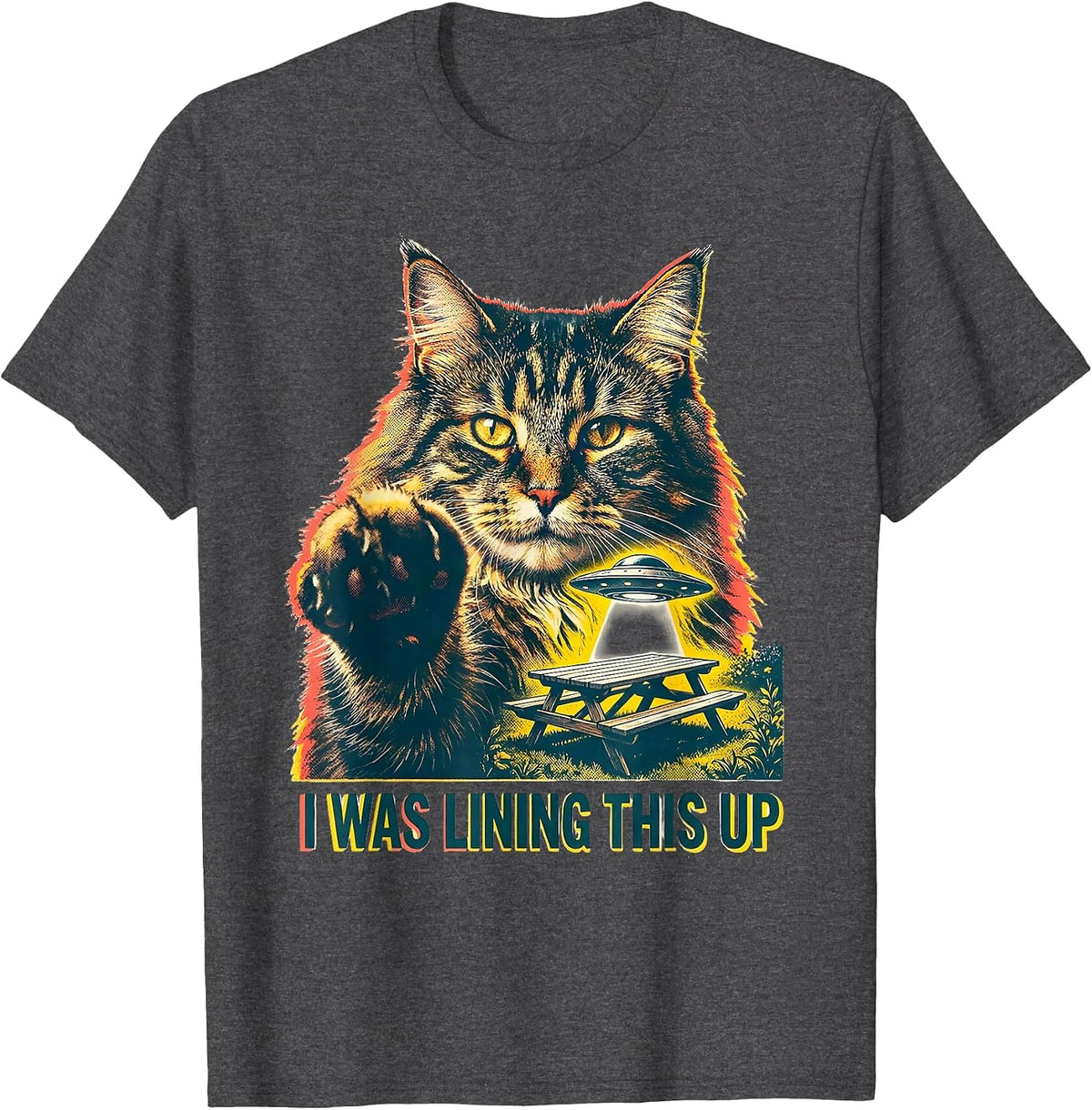 Men's I Was Lining This Up Risograph Funny Cat UFO Meme Novelty T-Shirt - Dark Heather Grey